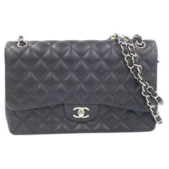 Chanel Classic Flap Jumbo Black Lambskin Leather Double Flap Silver Hardware
