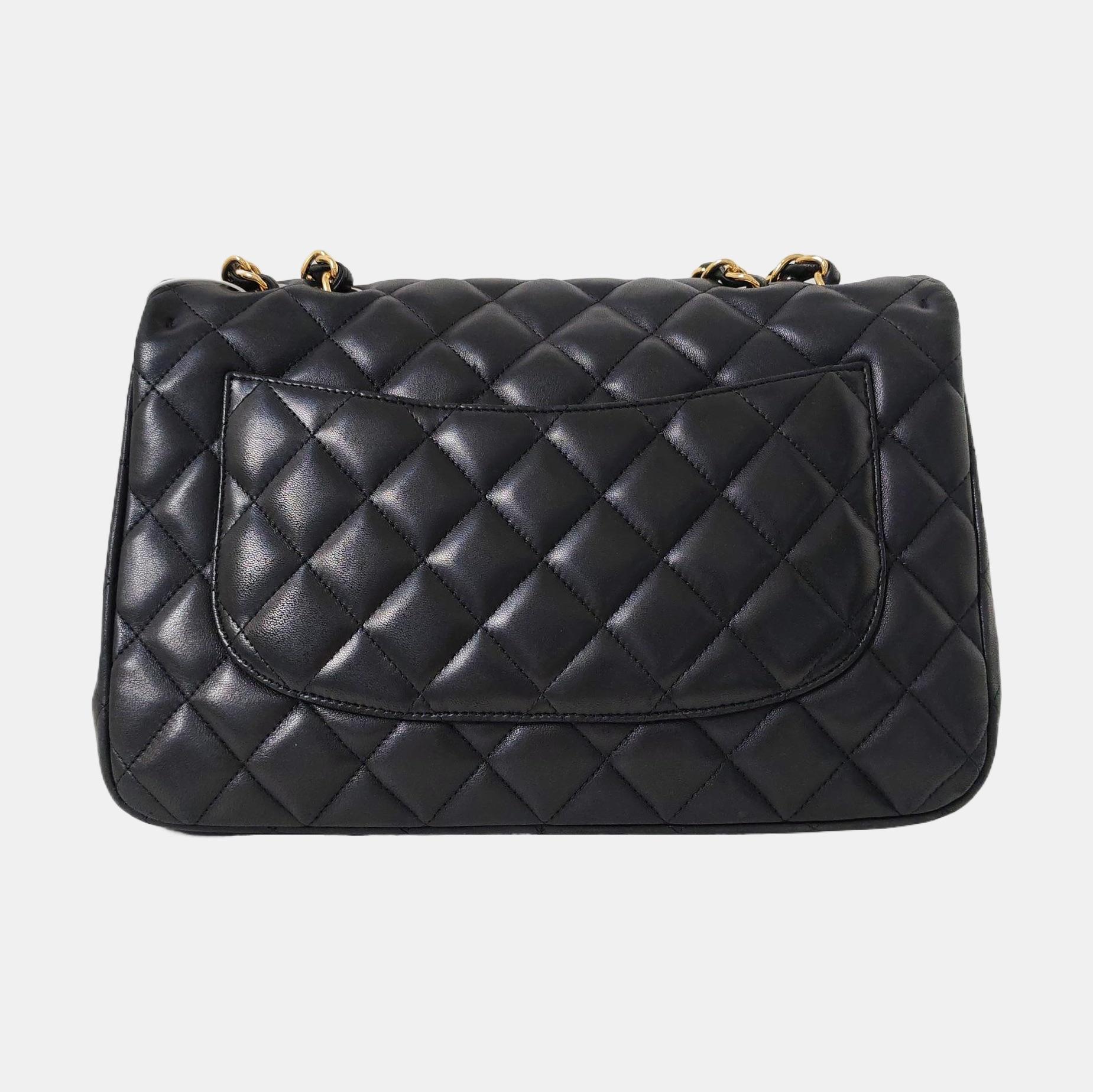 Chanel Classic Flap Jumbo Schwarzes Lammfell Leder Einzelne Klappe Gold Hardware 2009 im Angebot 1