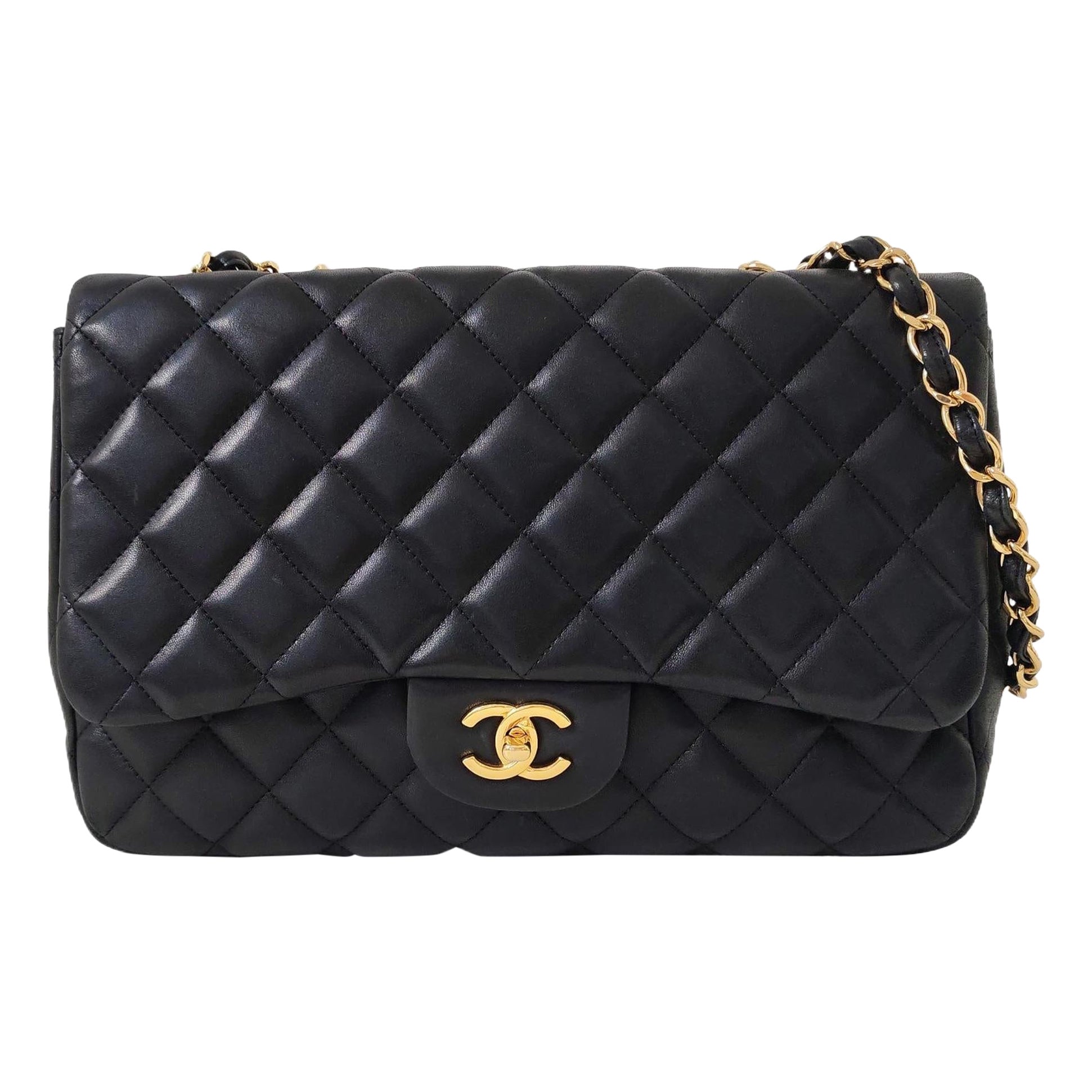 Chanel Classic Flap Jumbo Black Lambskin Leather Single Flap Gold Hardware 2009