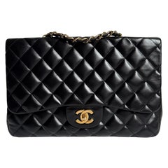 Chanel Classic Flap Jumbo Schwarzes Lammfell Leder Einzelne Klappe Gold Hardware 2009