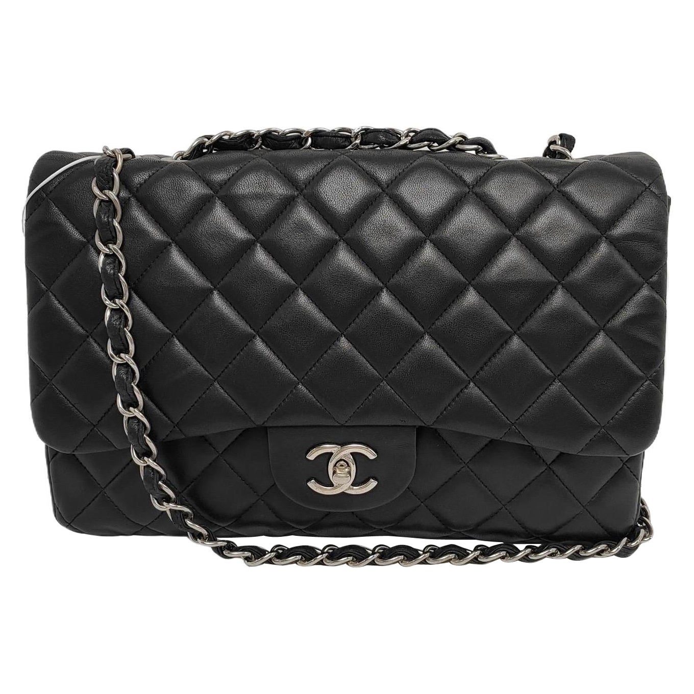 Chanel Classic Flap Jumbo Black Lambskin Leather Single Flap Silver Hardware