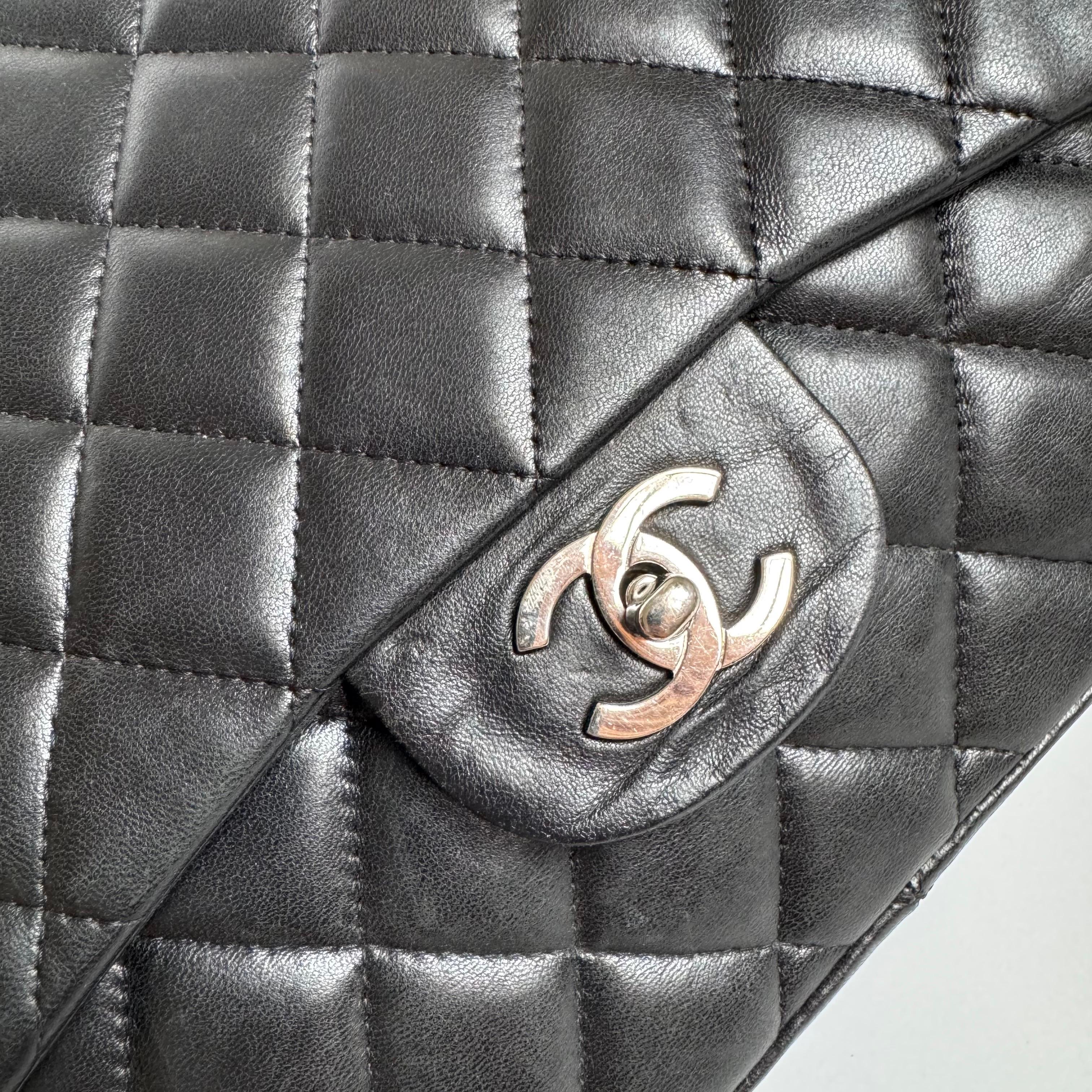 Chanel Classic Flap Jumbo Black Lambskin Leather Single Flap with Silver Hardwar For Sale 6