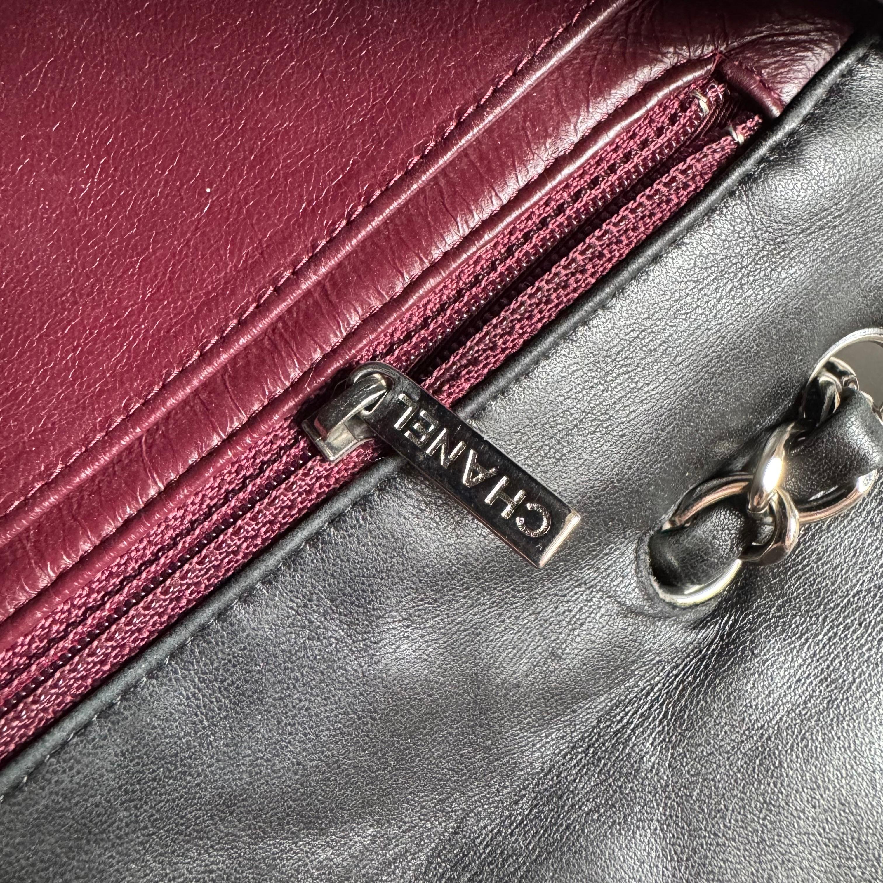 Chanel Classic Flap Jumbo Black Lambskin Leather Single Flap with Silver Hardwar For Sale 16