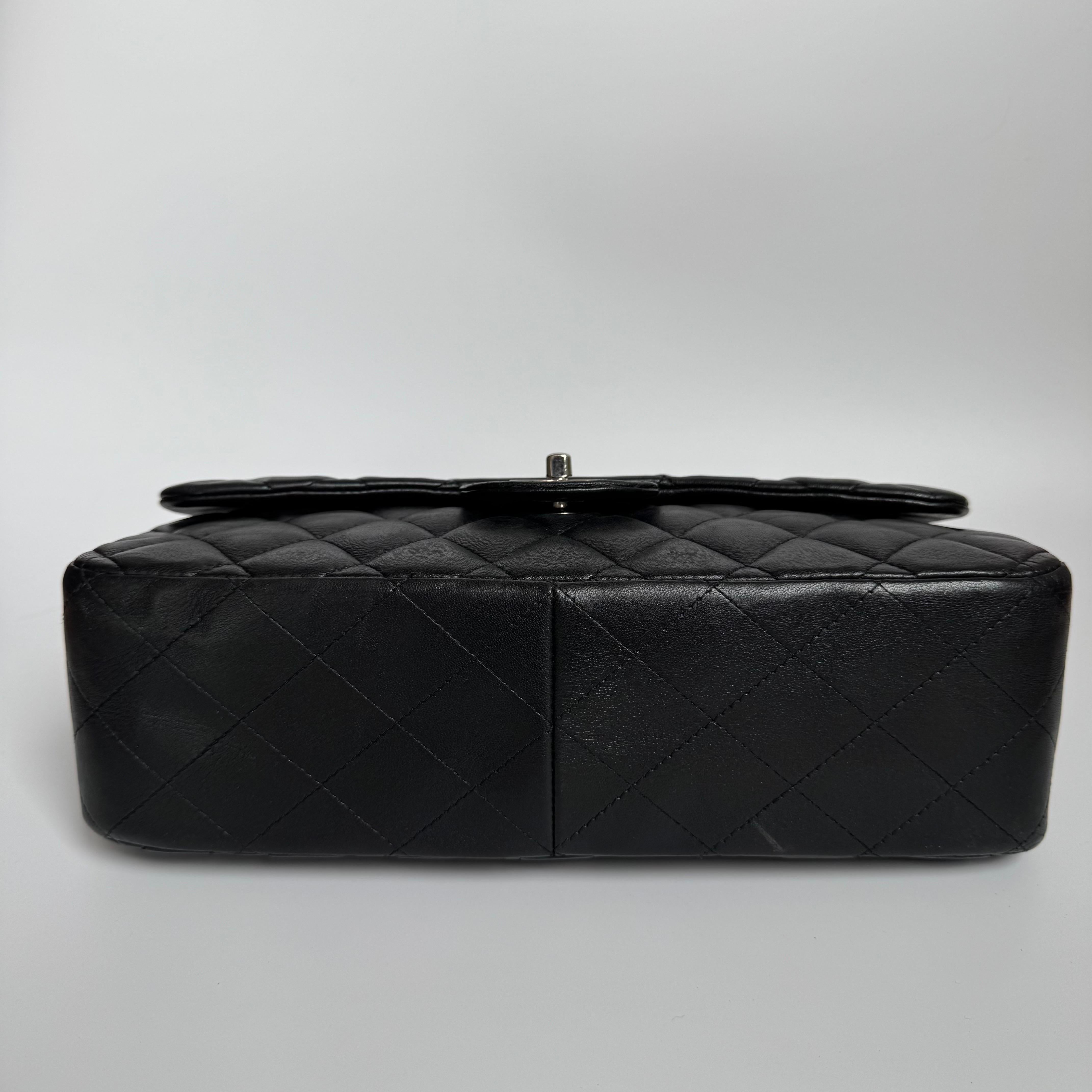 Women's Chanel Classic Flap Jumbo Black Lambskin Leather Single Flap with Silver Hardwar For Sale