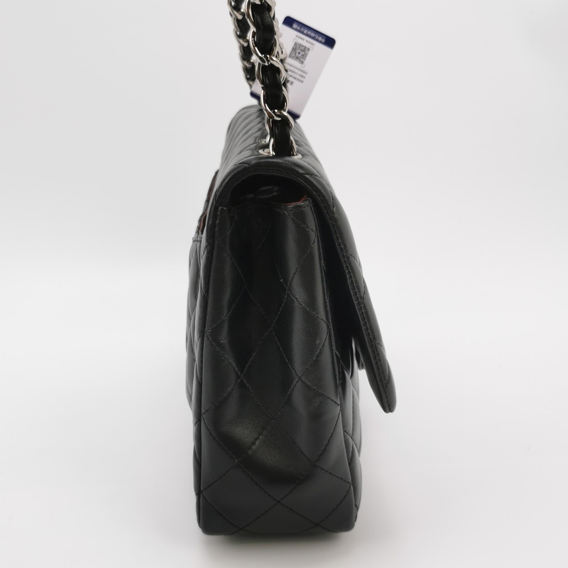 Chanel Classic Flap Jumbo Black Lambskin Leather Single Flap with Silver Hardwar For Sale 1