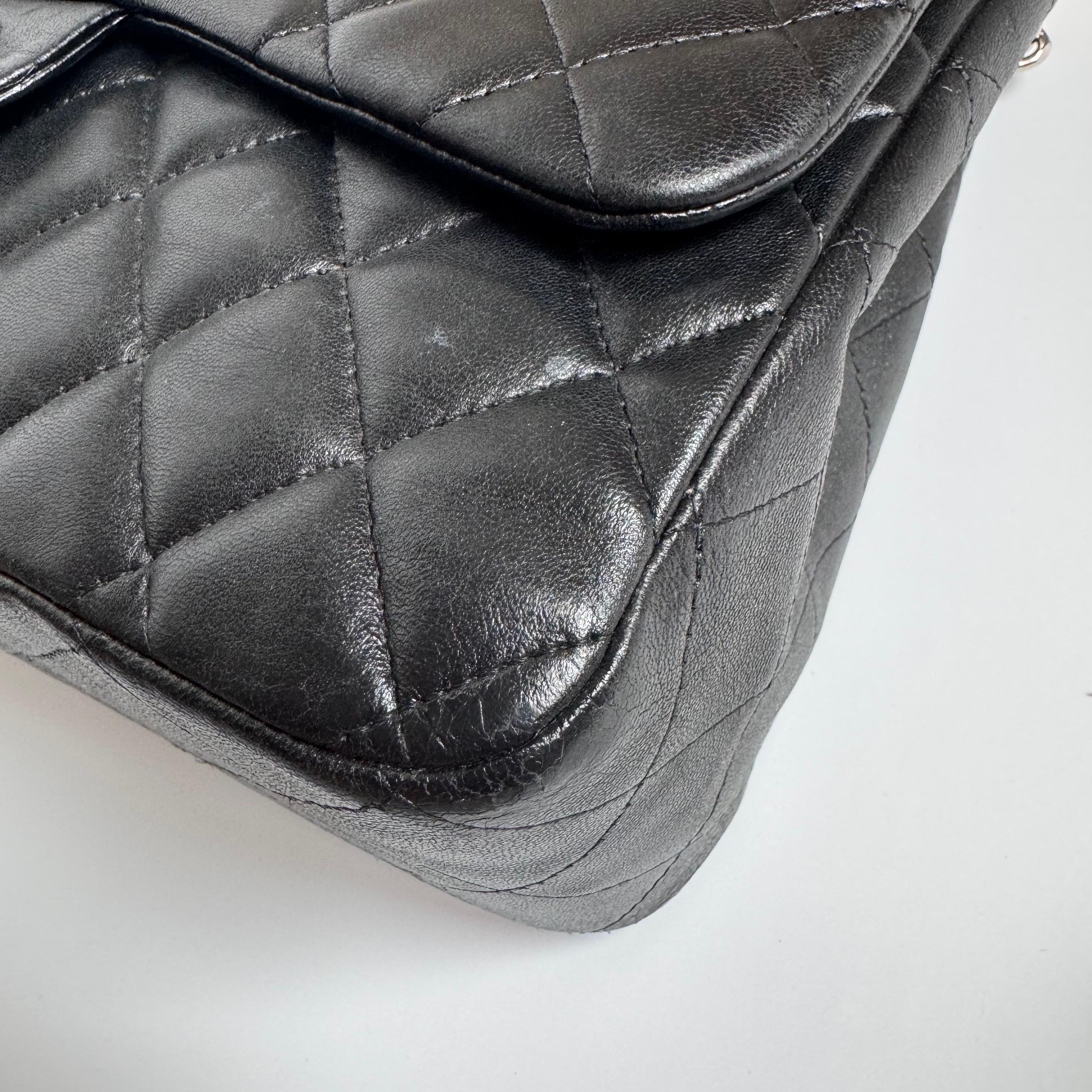 Chanel Classic Flap Jumbo Black Lambskin Leather Single Flap with Silver Hardwar For Sale 4