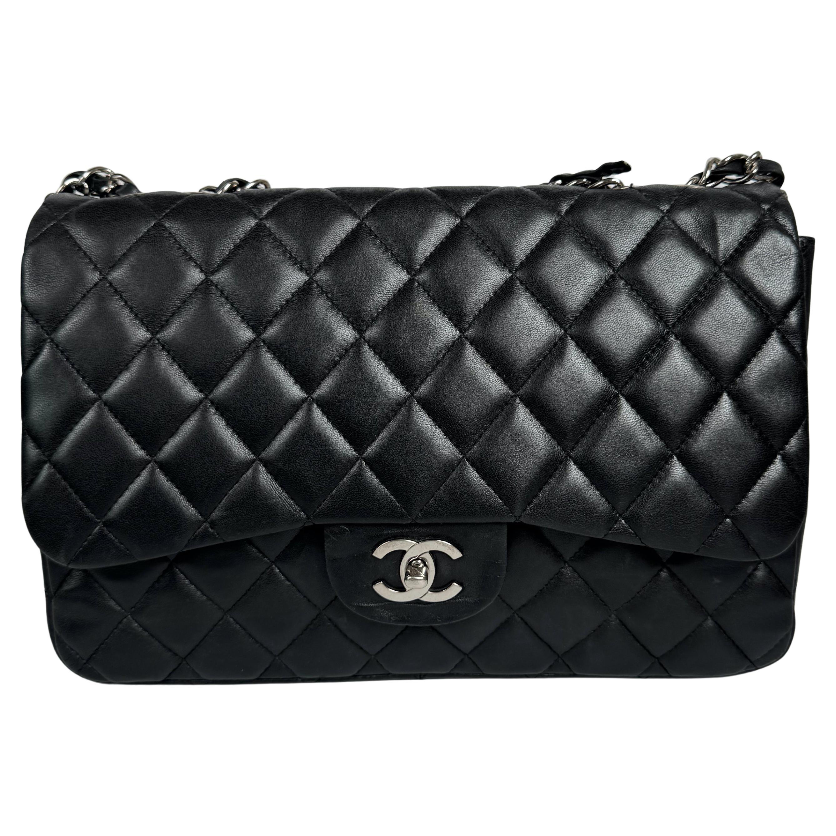 Chanel Classic Flap Jumbo Black Lambskin Leather Single Flap with Silver Hardwar For Sale