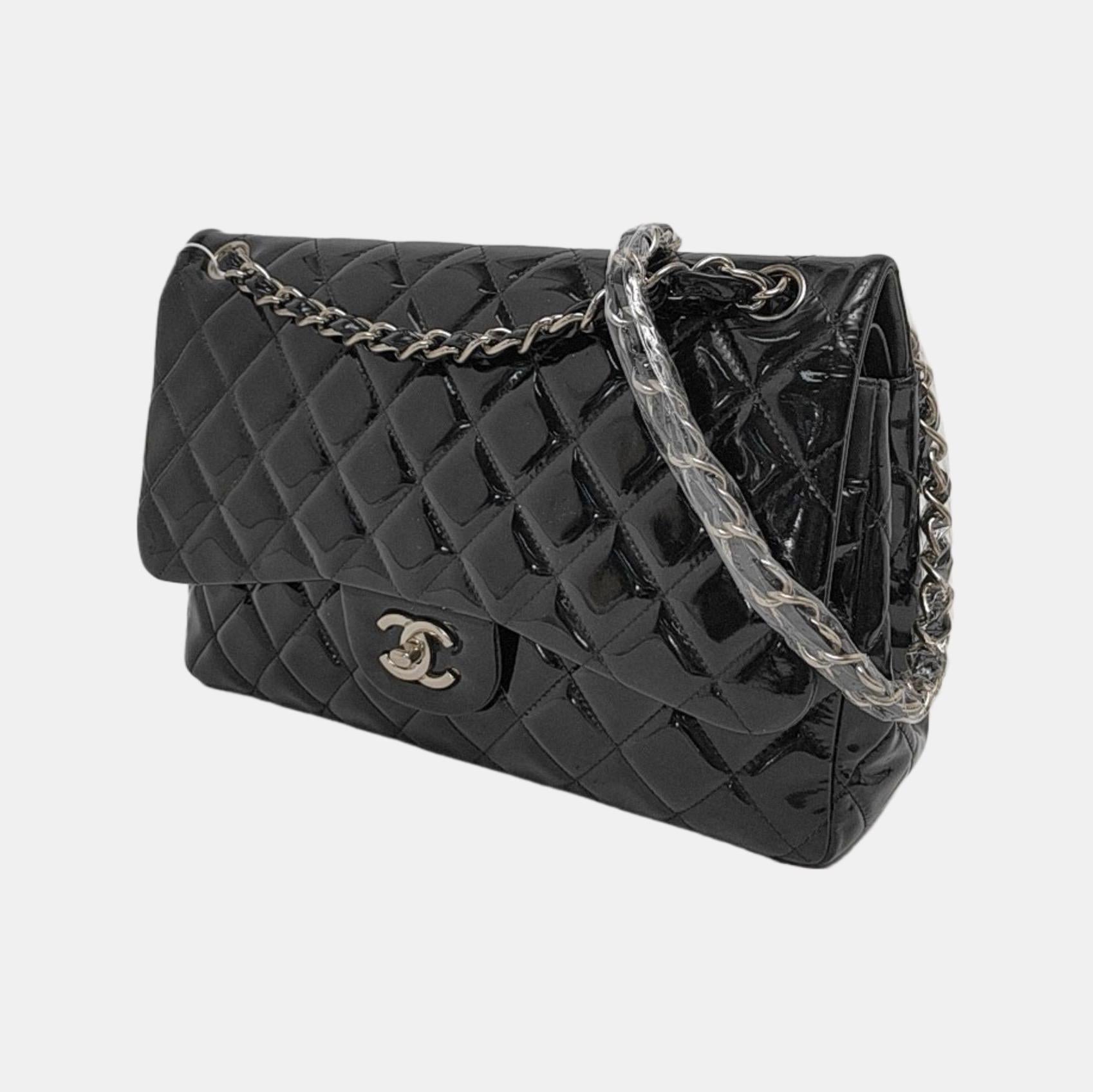 Chanel Classic Flap Jumbo Black Patent Leather Single Flap Silver Hardware en vente 6