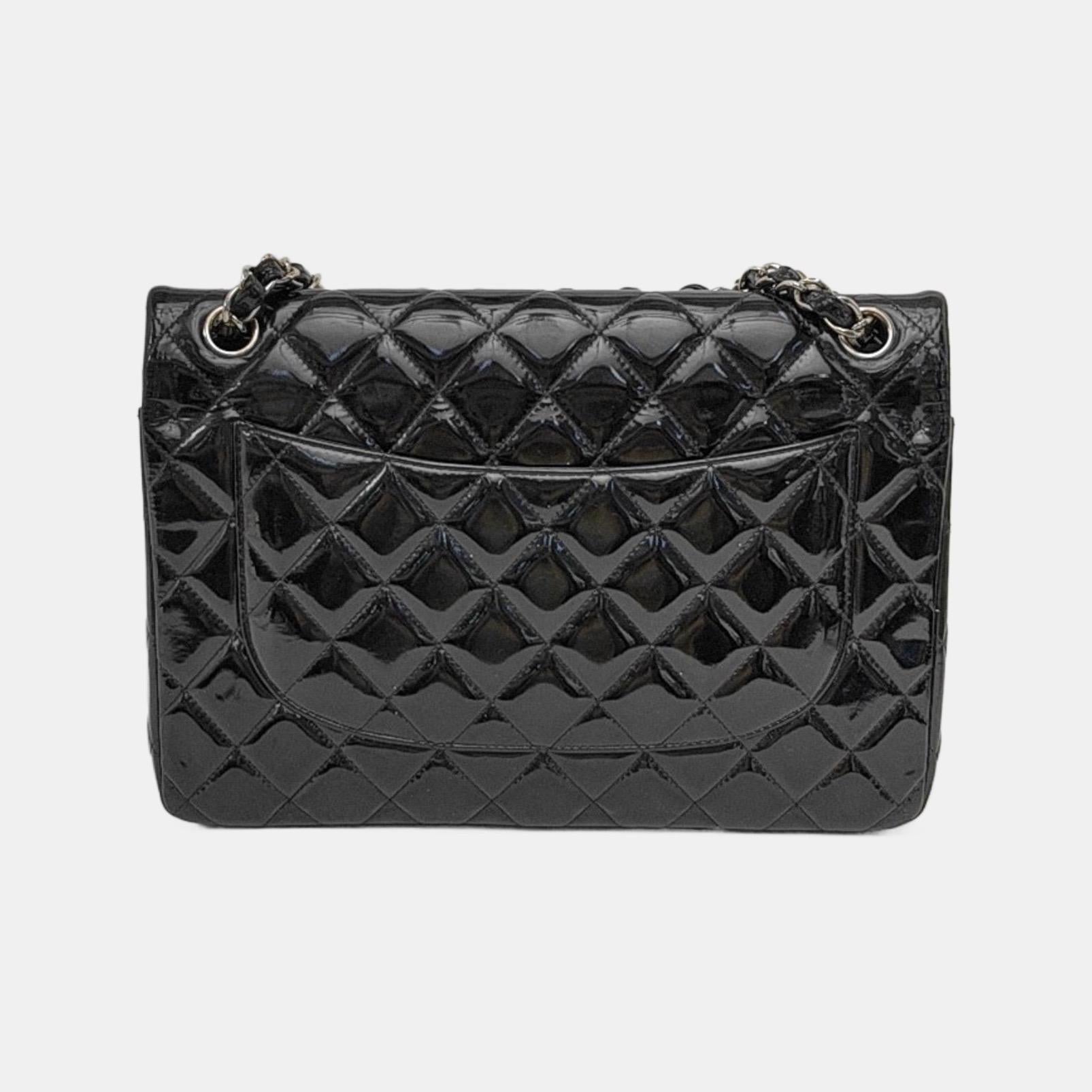 Noir Chanel Classic Flap Jumbo Black Patent Leather Single Flap Silver Hardware en vente