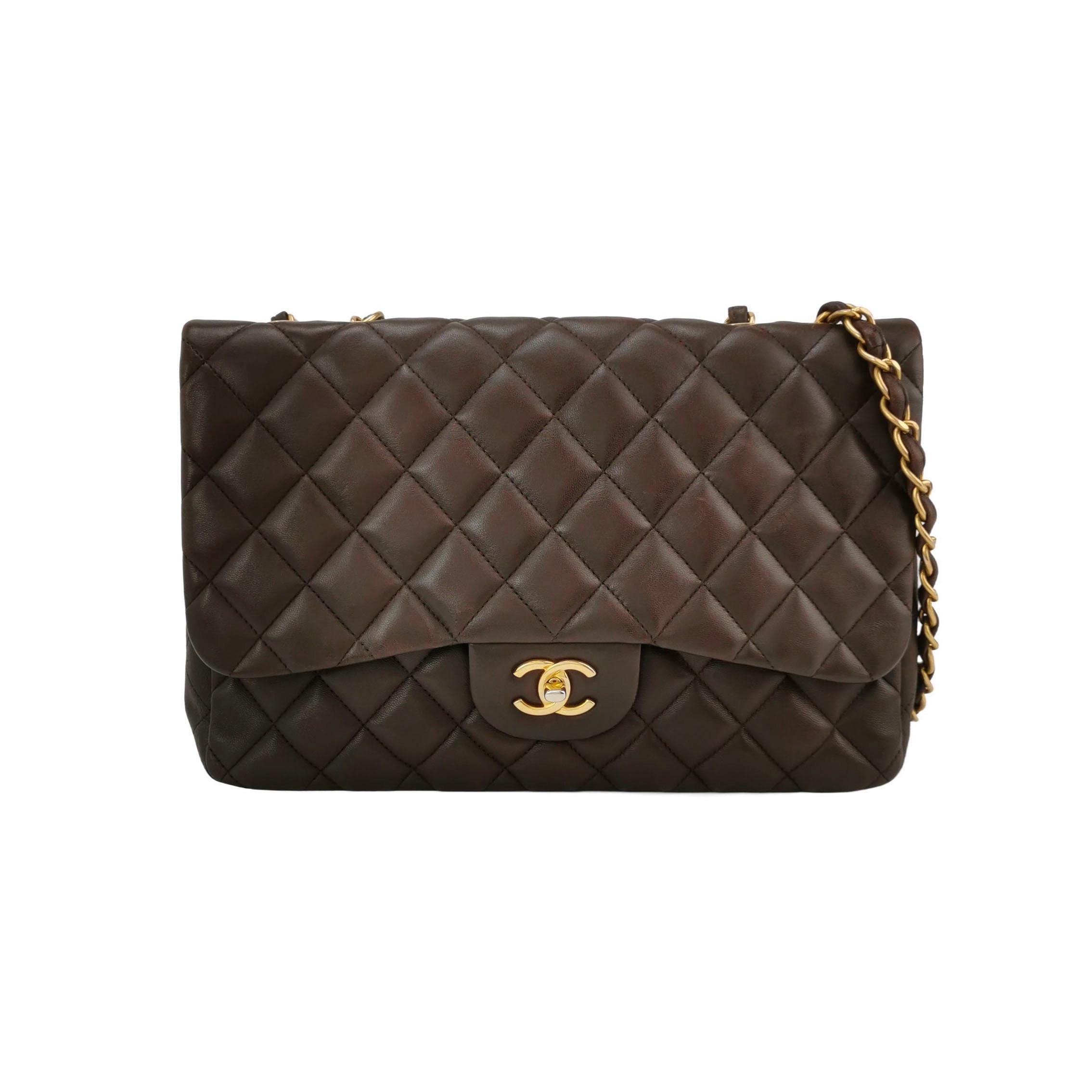 Chanel Classic Flap Jumbo Brown Lambskin Leather Single Flap Silver Hardware