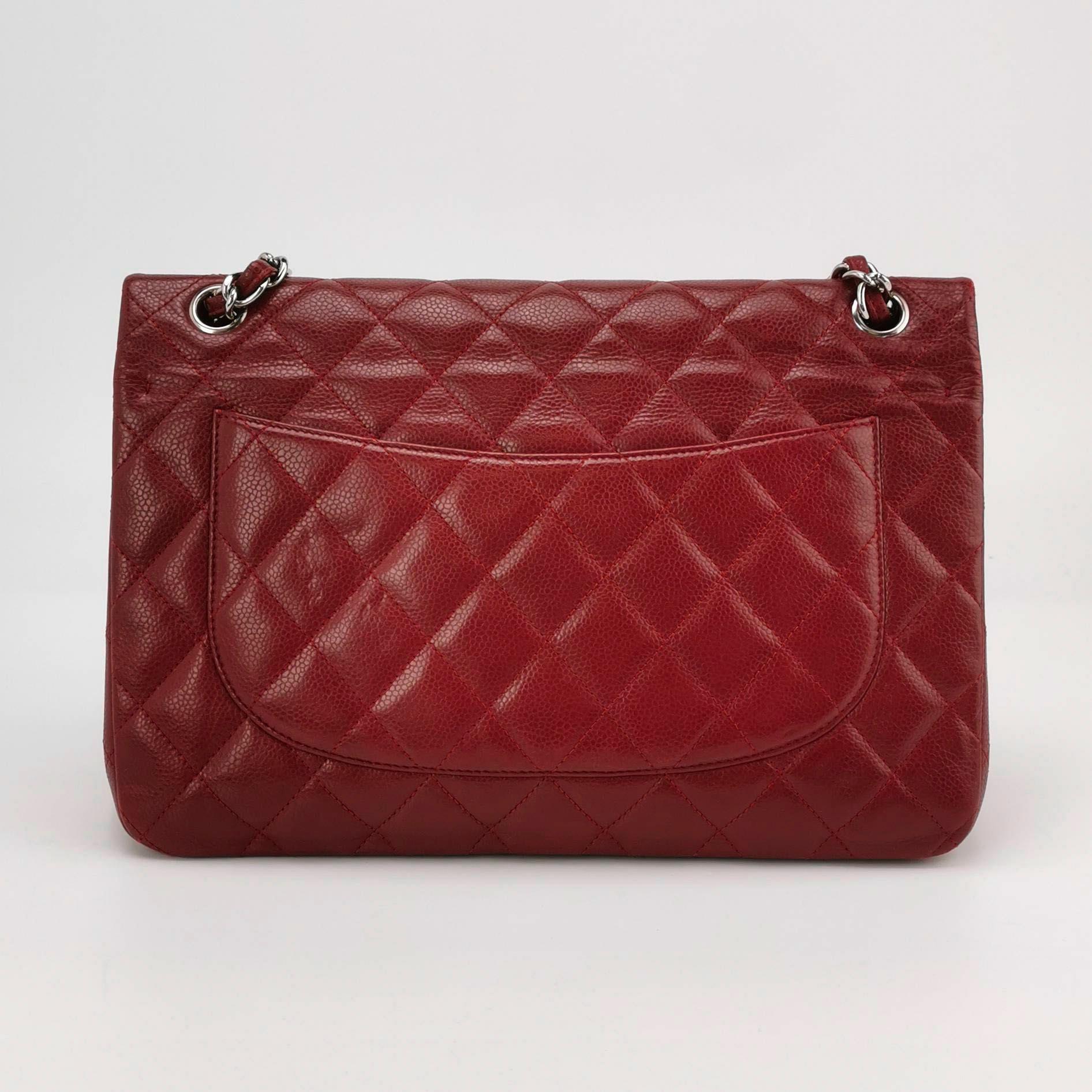 Chanel Classic Flap Jumbo Dark Red Caviar Leather Double Flap Silver Hardware en vente 2