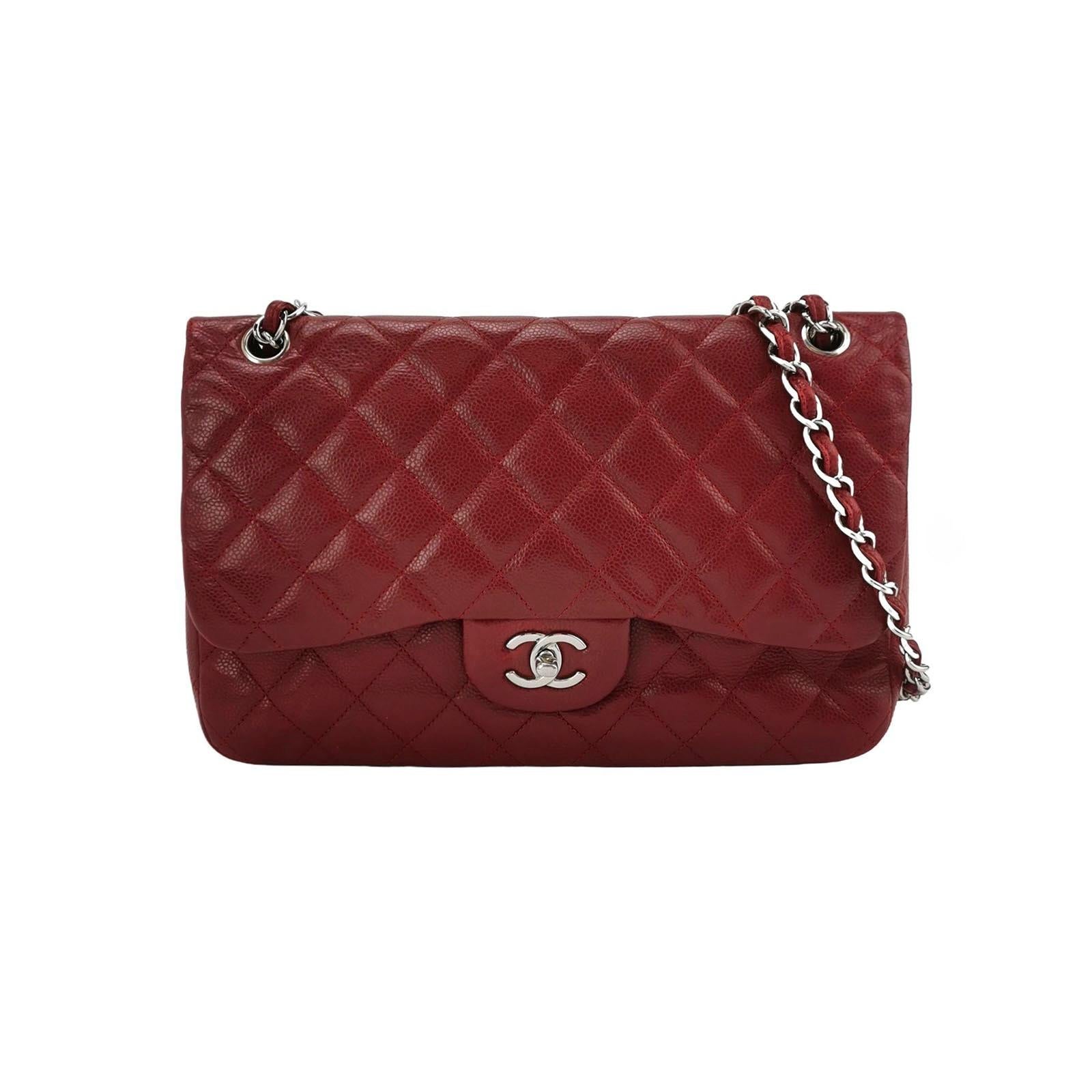 Chanel Classic Flap Jumbo Dark Red Caviar Leather Double Flap Silver Hardware en vente