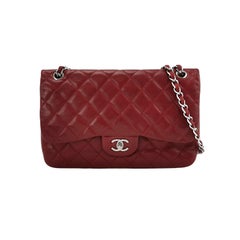 Chanel Classic Flap Jumbo Dark Red Caviar Leather Double Flap Silver Hardware