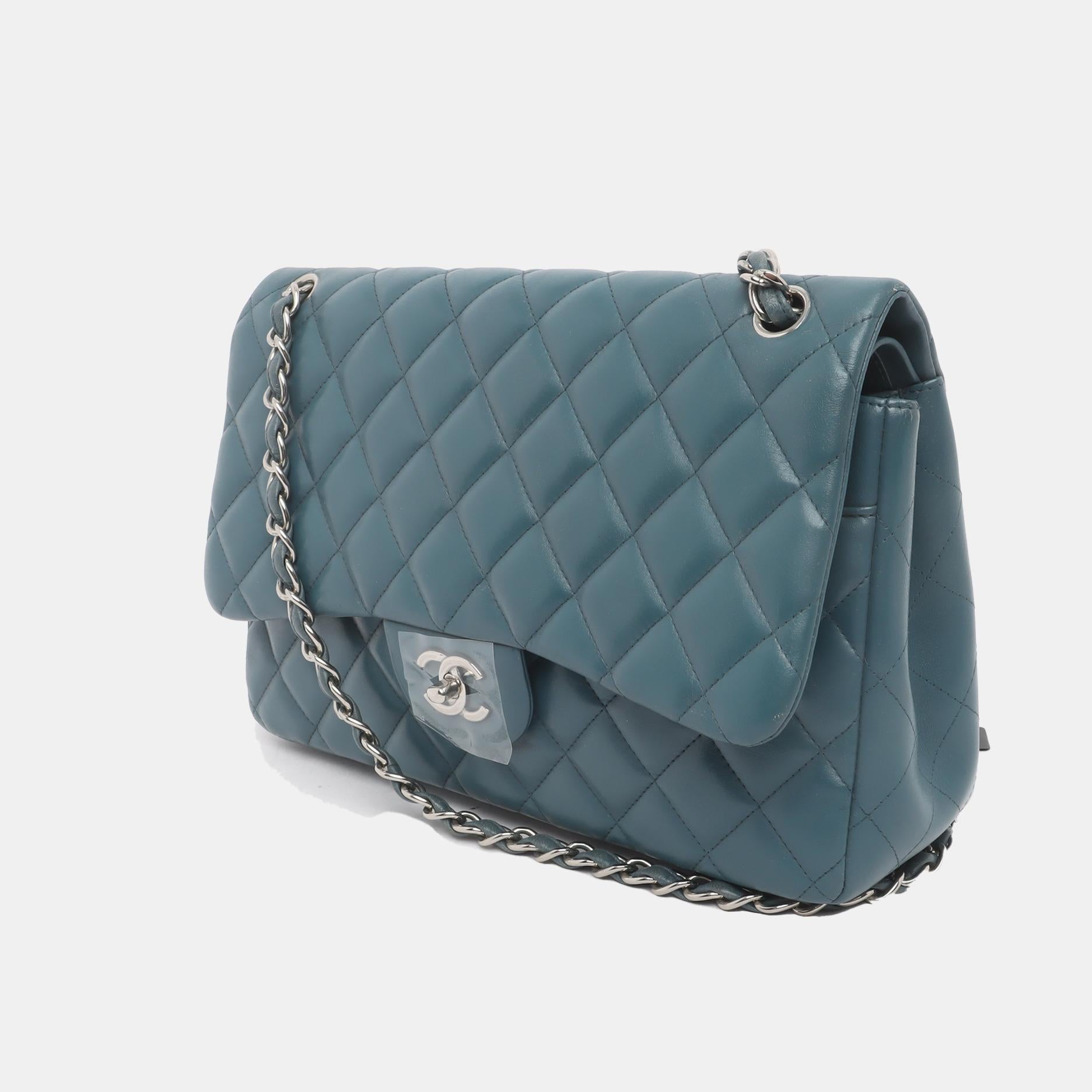 Gray Chanel Classic Flap Jumbo Large Blue Lambskin Leather, 2012-2013