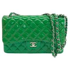 Chanel Classic Flap Jumbo Large Green Patent Leather Silver Hardware