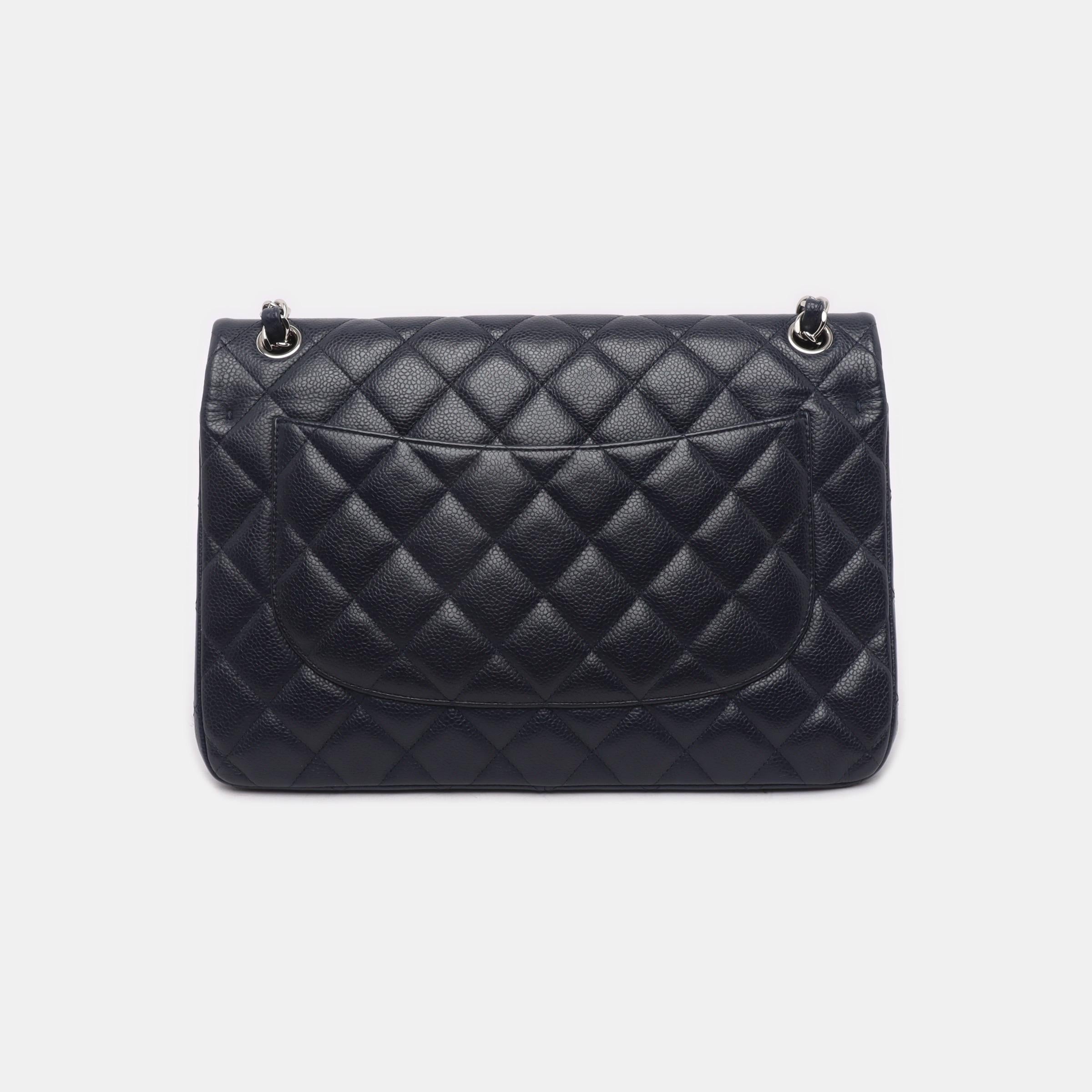 Chanel Classic Flap Jumbo Midnight Navy Caviar Leather Double Flap Silver Hardwa Excellent état - En vente à AUBERVILLIERS, FR