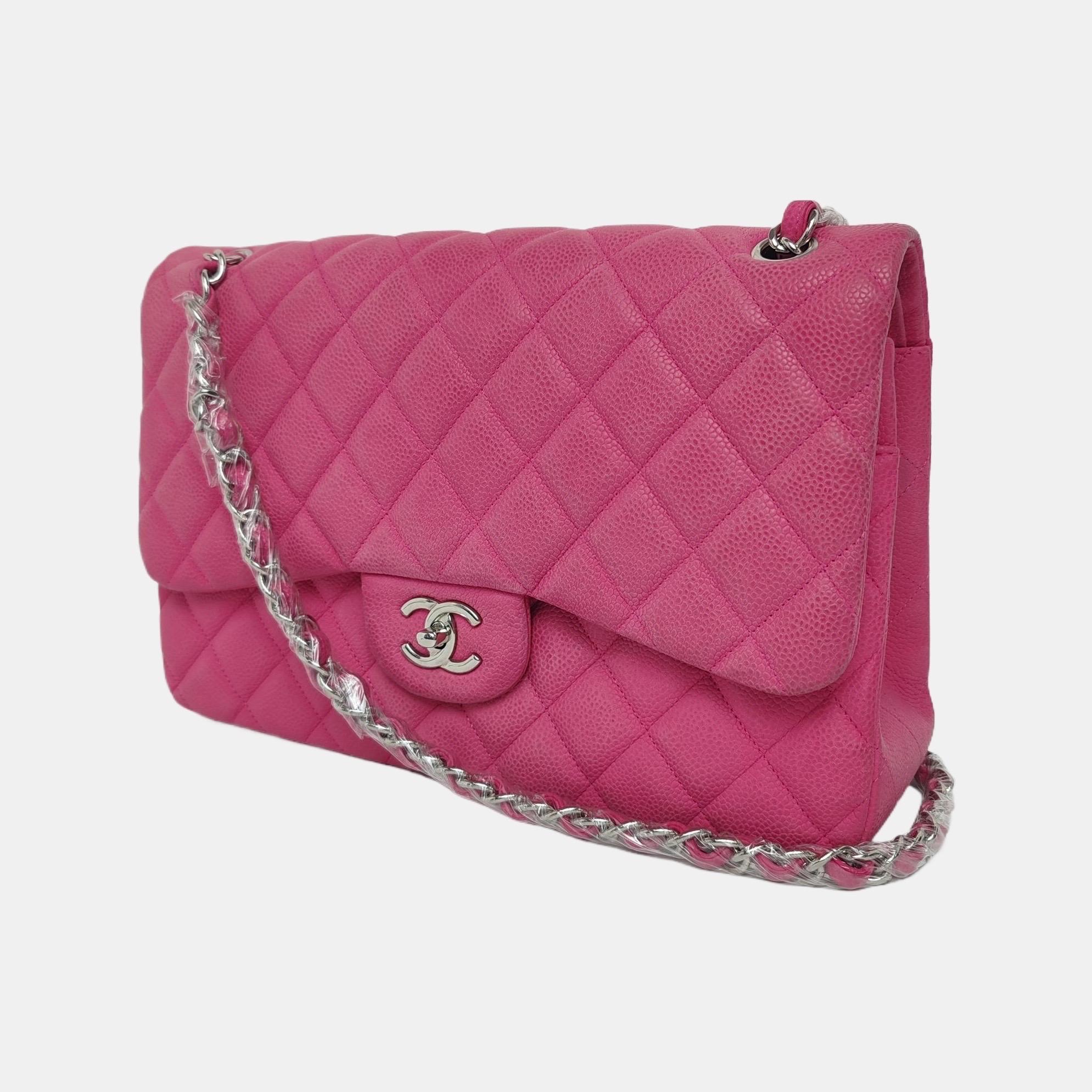 Chanel Classic Flap Jumbo Pink Caviar Leather Double Flap Silver Hardware, 2013 In Good Condition In AUBERVILLIERS, FR
