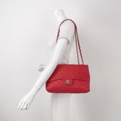 Chanel Classic Flap Jumbo Red Caviar Leather Single Flap Silver Hardware