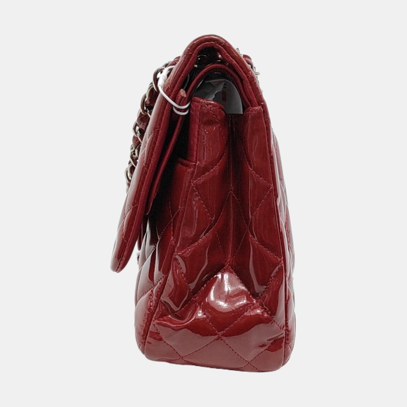 Chanel Classic Flap Jumbo Rotes Lackleder Doppelklappe Silberne Hardware Damen im Angebot