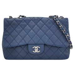 Chanel Classic Flap Large Navy Blue Caviar Leather Silver-tone Hardware