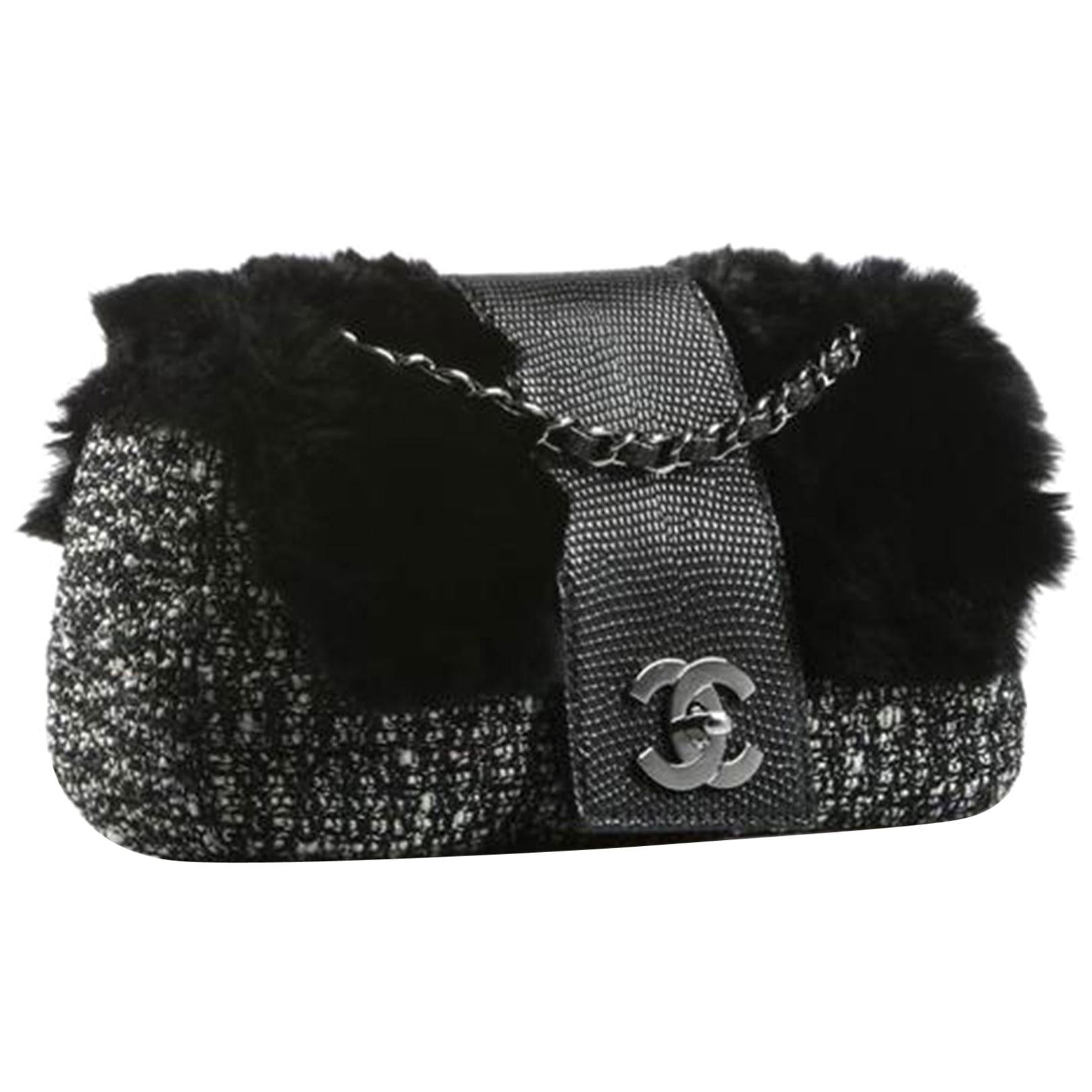 Chanel Classic Flap Limited Edition 2005 Black & White Grey Tweed Fur  Lizard Bag