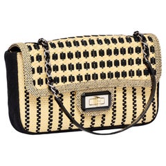 Vintage Chanel 2012 Classic Flap Limited Edition Beige & Black Raffia Straw Canvas Bag