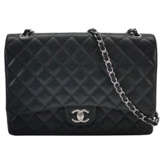 Chanel Classic Flap Maxi 2011 Black Caviar Leather Double Flap Silver Hardware