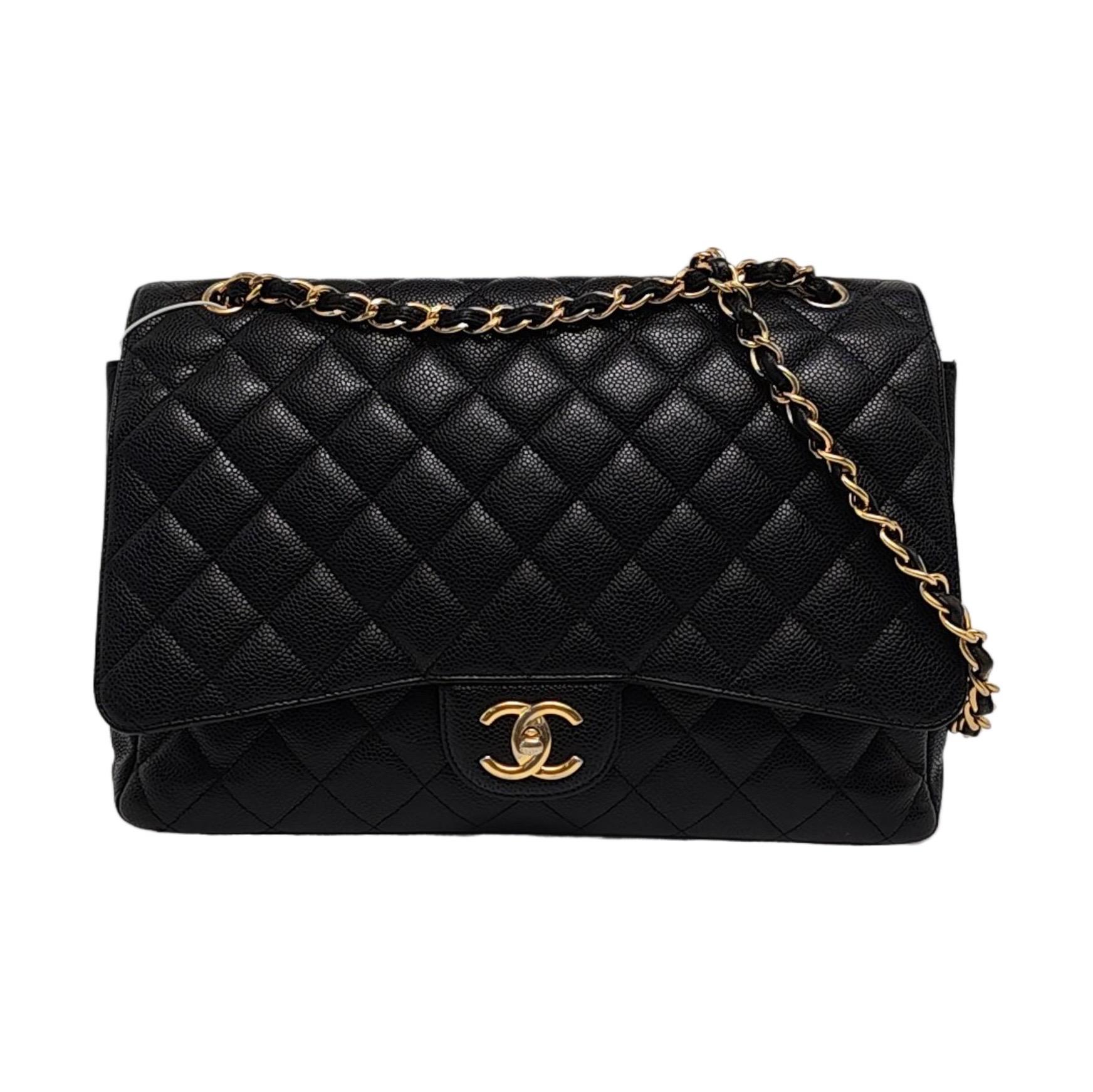 Chanel Classic Flap Maxi 2011 Black Caviar Leather Double Flap with Gold Hardwar For Sale