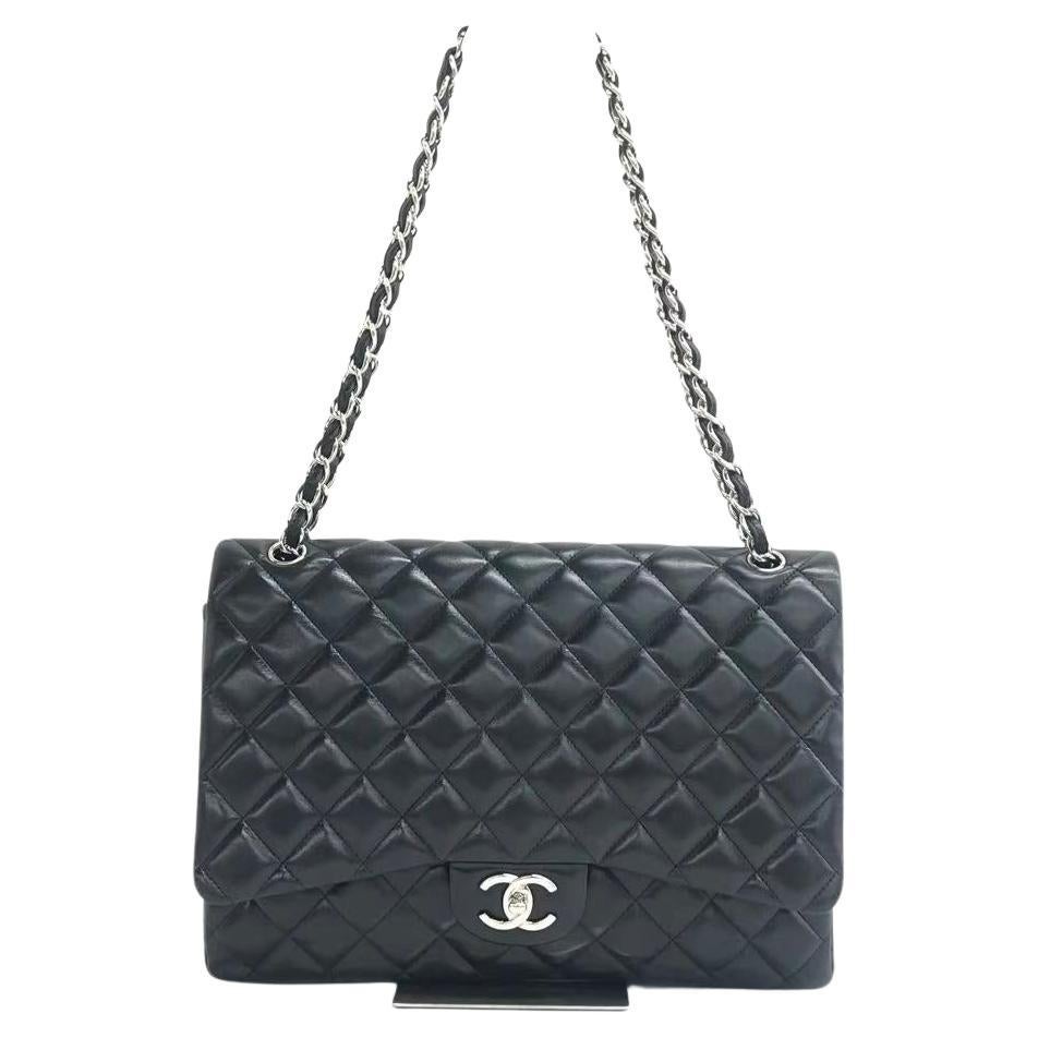 Chanel Classic Flap Maxi 2011 Black Lambskin Leather Double Flap Silver Hardware For Sale