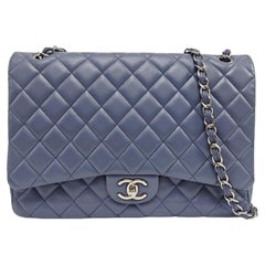 Chanel Classic Flap Maxi Ash Navy Lambskin Leather Double Flap Silver Hardware