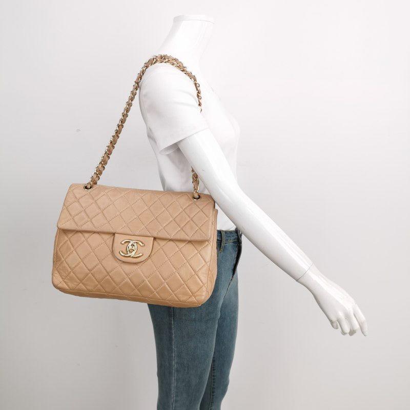 Women's Chanel Classic Flap Maxi Beige Latte Lambskin Leather Giant Gold-tone CC Logo