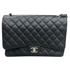 Chanel Classic Flap Maxi Black Caviar Leather Double Flap Sliver Hardware 2012