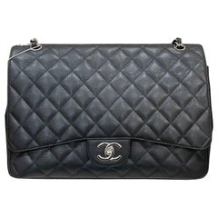 Chanel Classic Flap Maxi Black Caviar Leather Double Flap Sliver Hardware