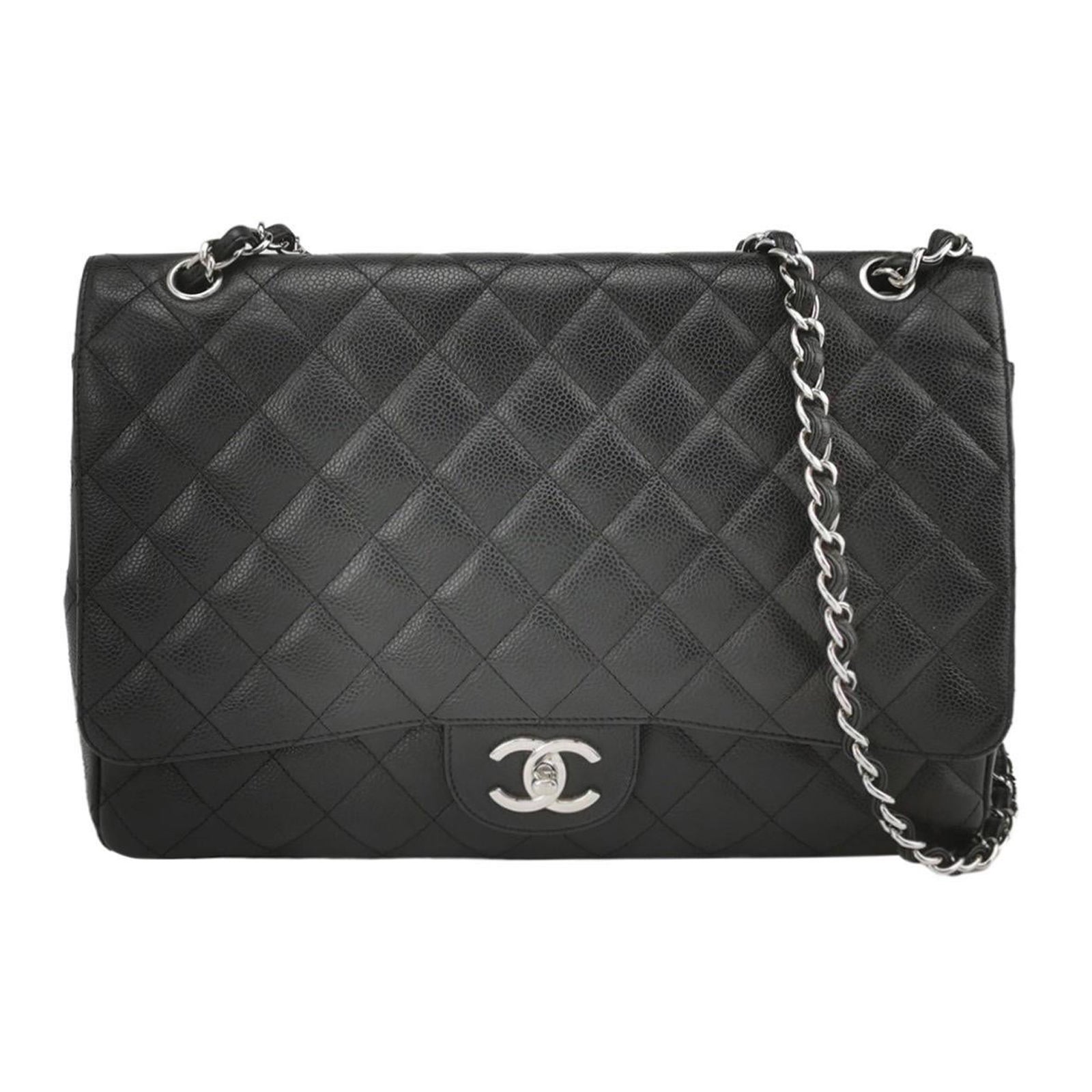 Chanel Classic Flap Maxi Black Caviar Leather Double Flap Sliver Hardware