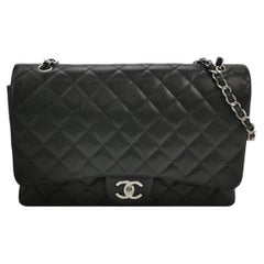 Chanel Classic Flap Maxi Black Caviar Leather Double Flap Sliver Hardware
