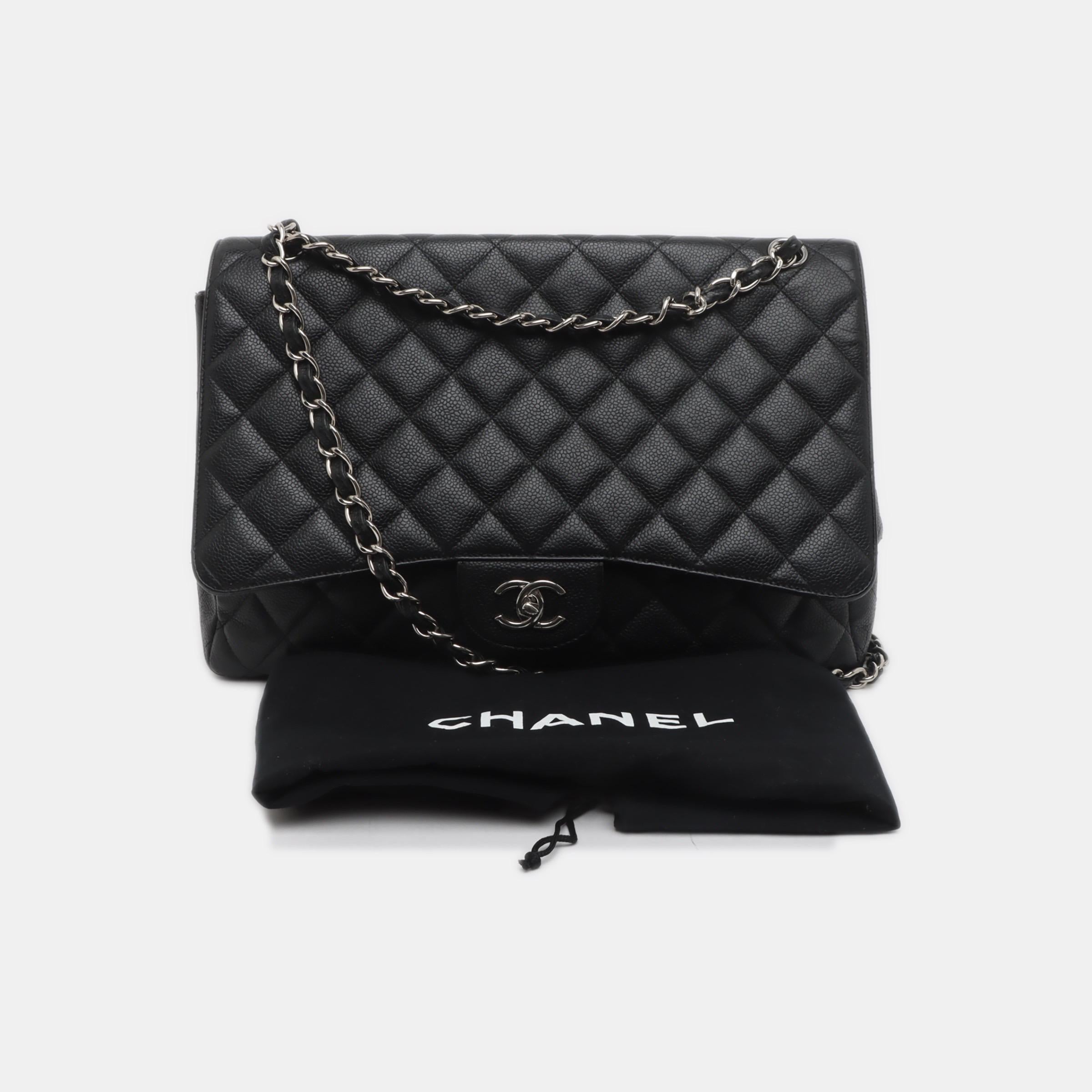 Women's Chanel Classic Flap Maxi Black Caviar Leather Single Flap with Silver Hardware