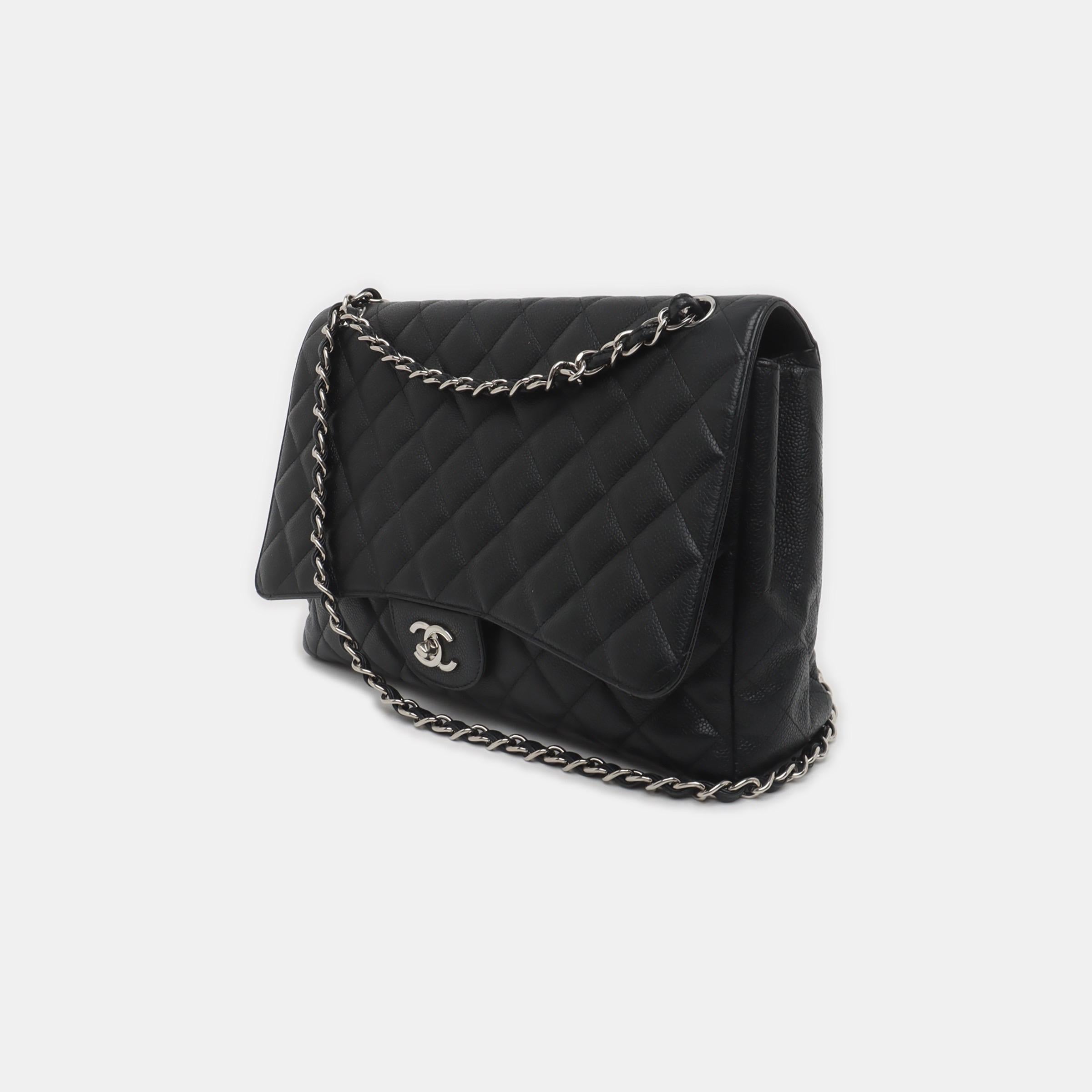 Chanel Classic Flap Maxi Black Caviar Leather Single Flap with Silver Hardware 2