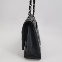Chanel Classic Flap Maxi Schwarzes Lammfell Leder Doppelte Klappe Silberne Hardware 2012