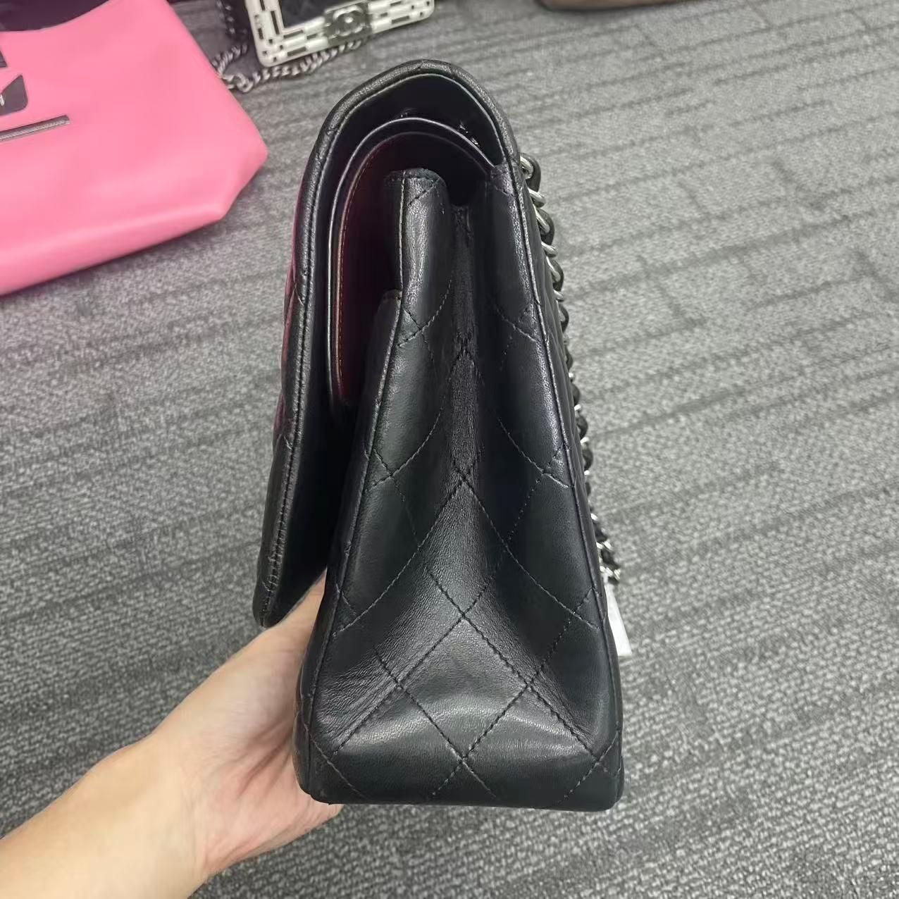 Noir Chanel Classic Leather Double Flap Silver Hardware 2013 en vente