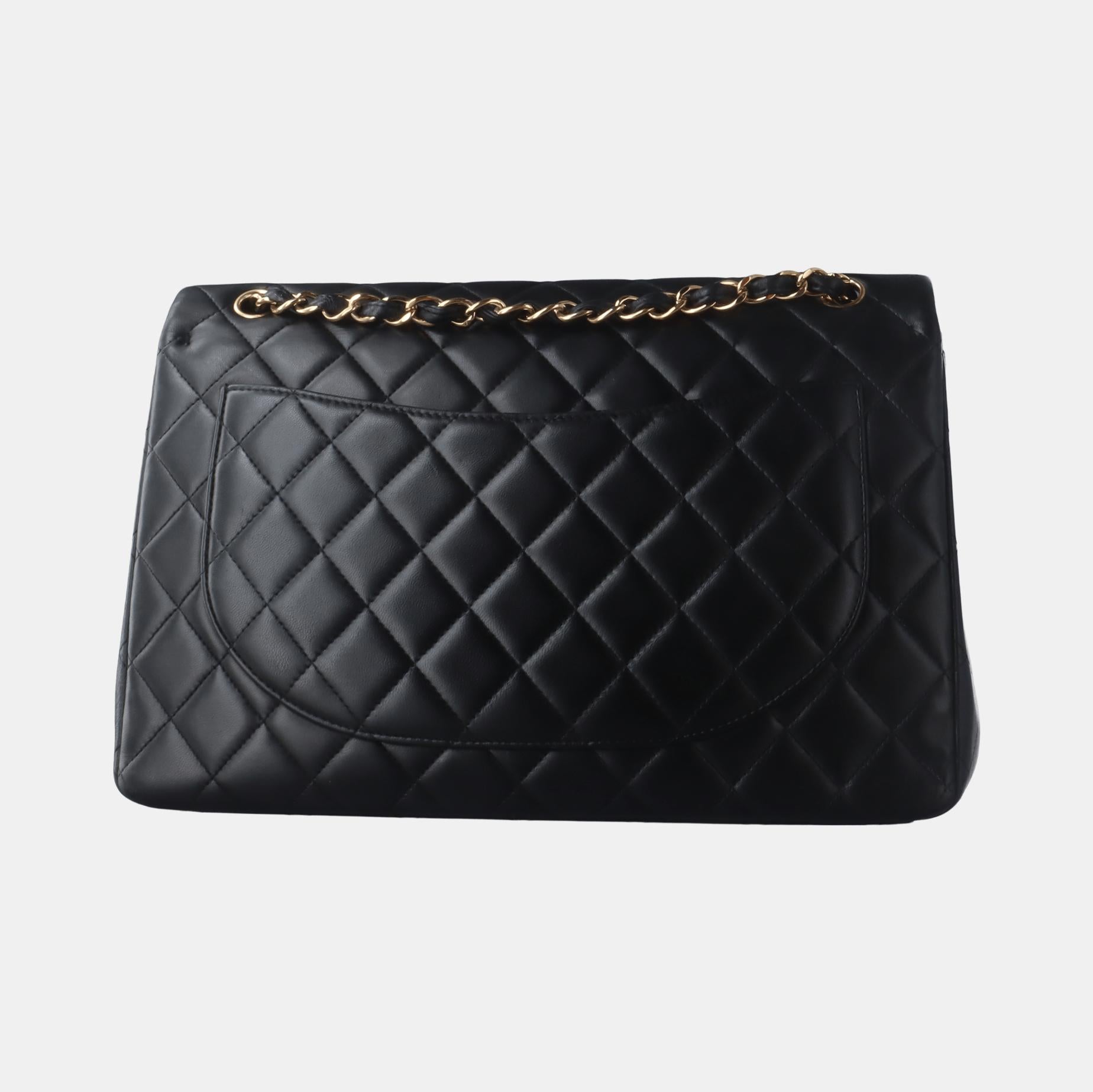 Women's Chanel Classic Flap Maxi Black Lambskin Leather Double Flap with Gold Hardware For Sale