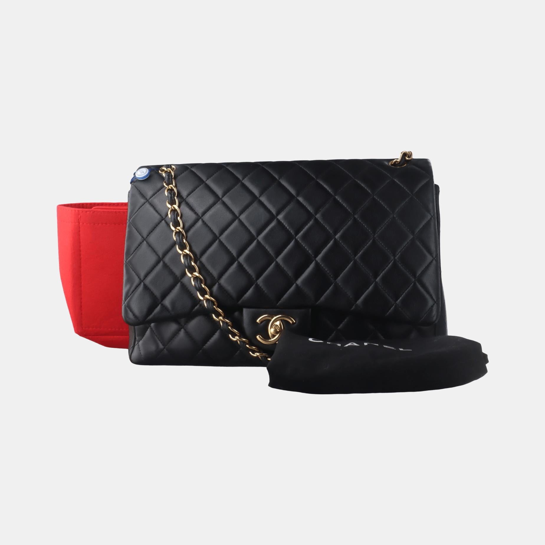 Chanel Classic Flap Maxi Black Lambskin Leather Double Flap with Gold Hardware For Sale 1