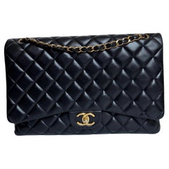 Chanel Classic Flap Maxi Black Lambskin Leather Double Flap with Gold-tone Hardw