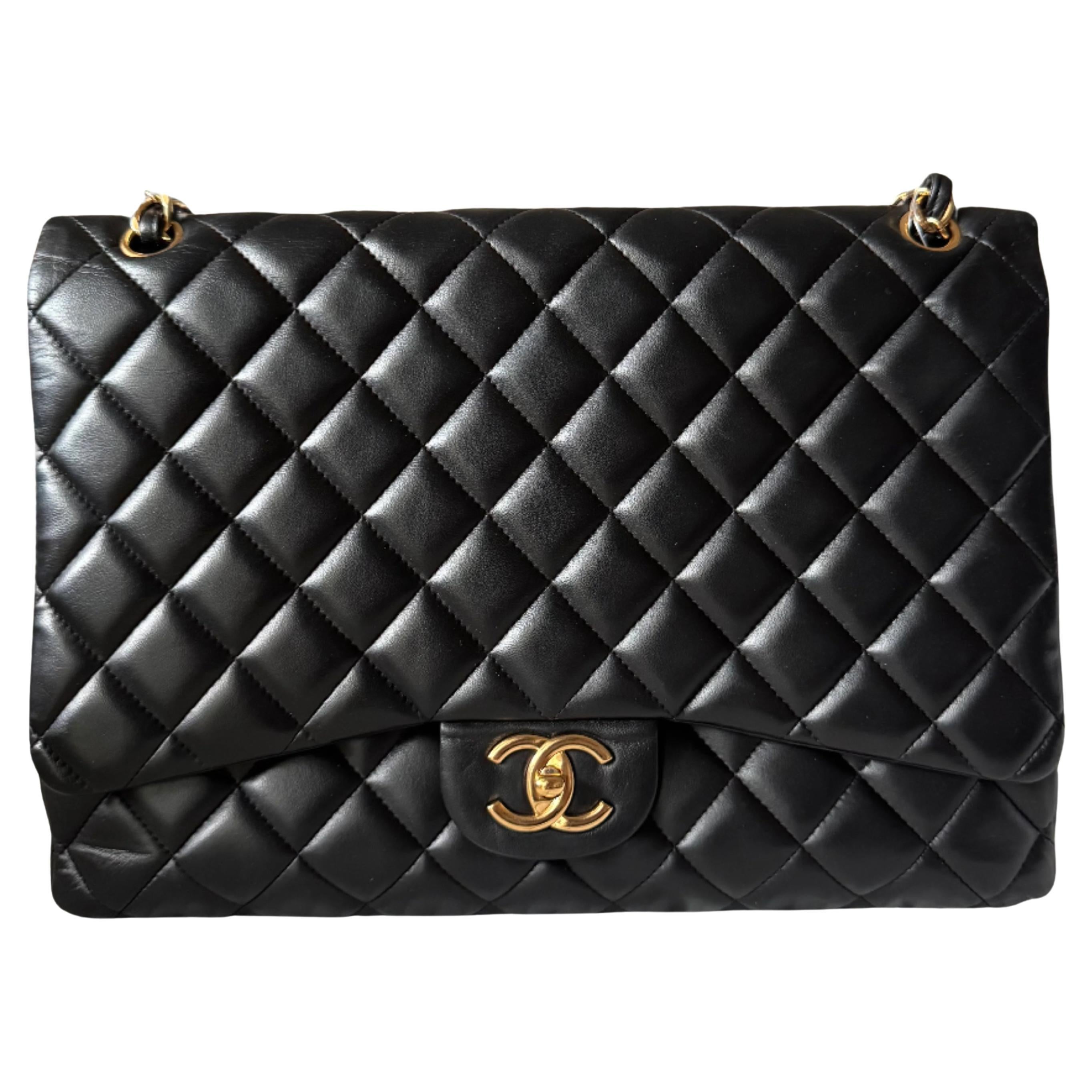 Chanel Classic Flap Maxi Black Lambskin Leather Double Flap with Gold-tone Hardw For Sale