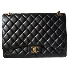 Chanel Classic Flap Maxi Black Lambskin Leather Double Flap with Gold-tone Hardw