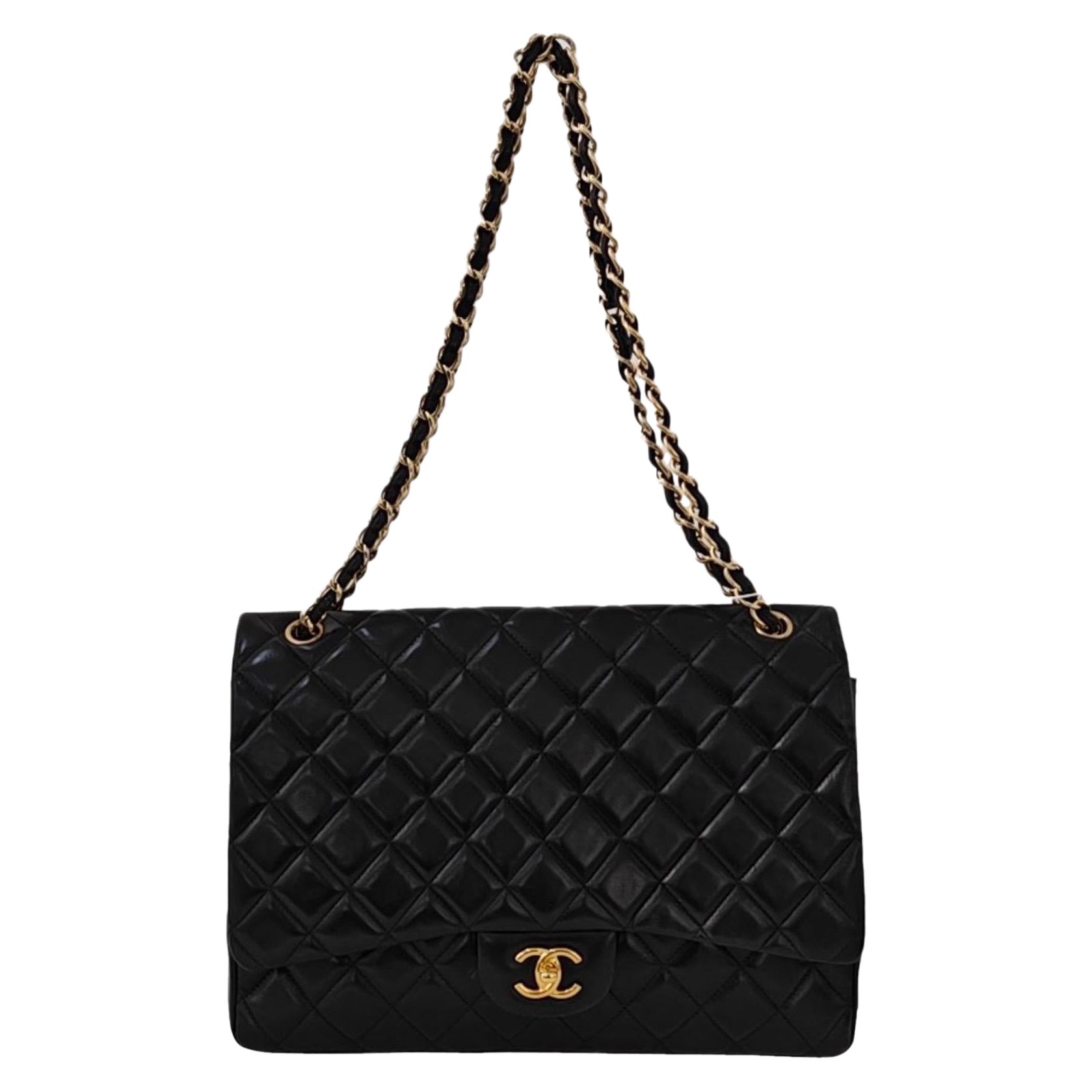 Chanel Classic Flap Maxi Black Lambskin Leather Single Flap with Gold Hardware For Sale