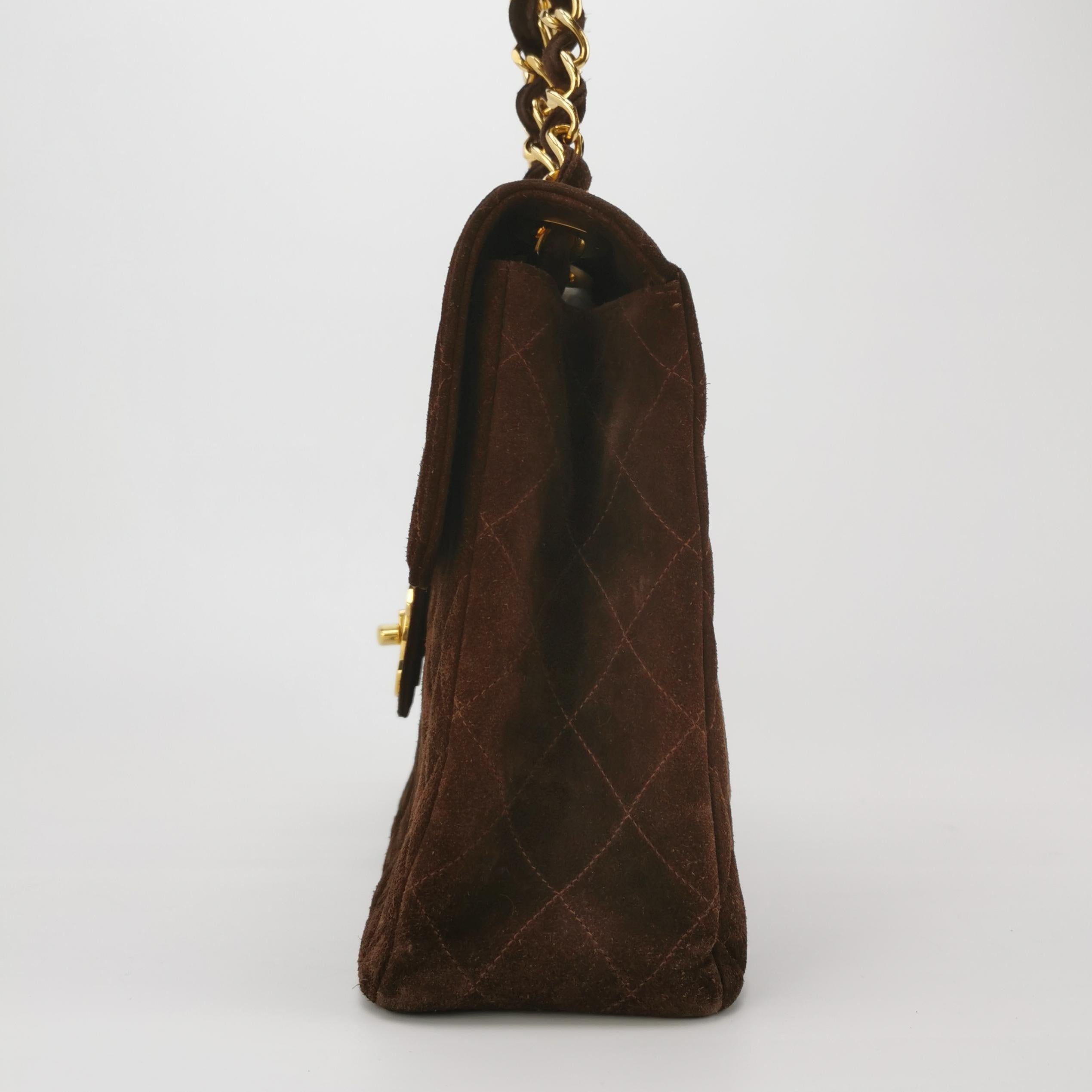 Women's Chanel Classic Flap Maxi Chocolate Browm Suede Leather Giant Gold CC Logo