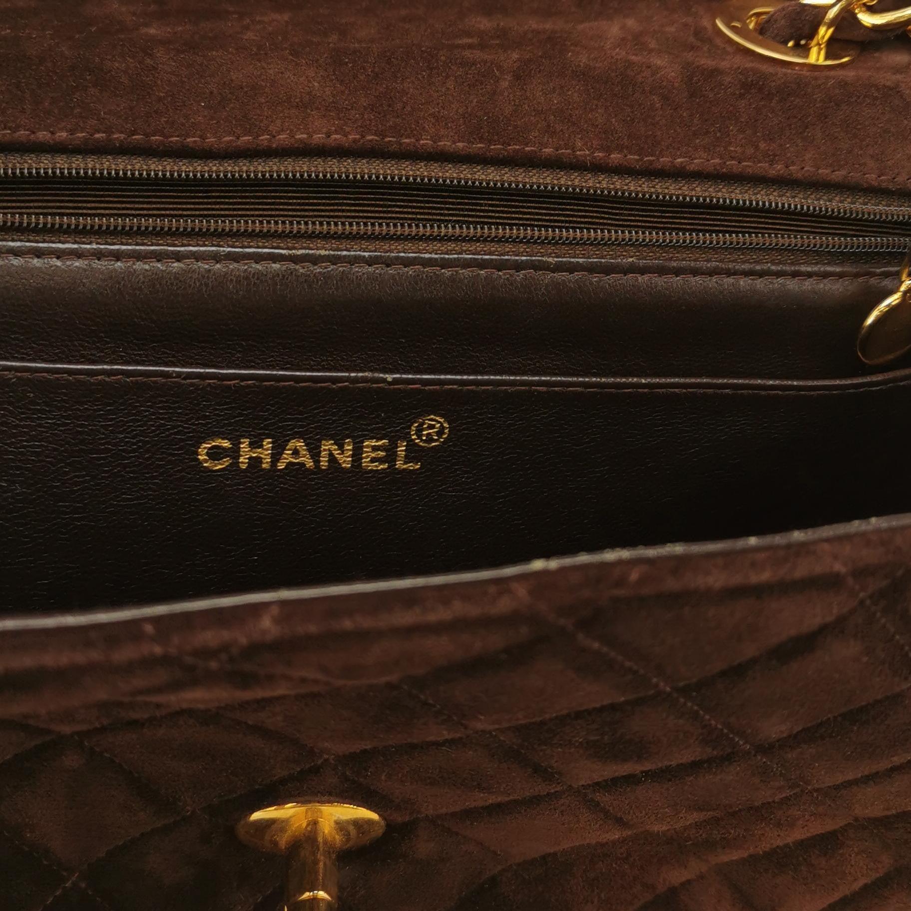 Chanel Classic Flap Maxi Chocolate Browm Suede Leather Giant Gold CC Logo 2
