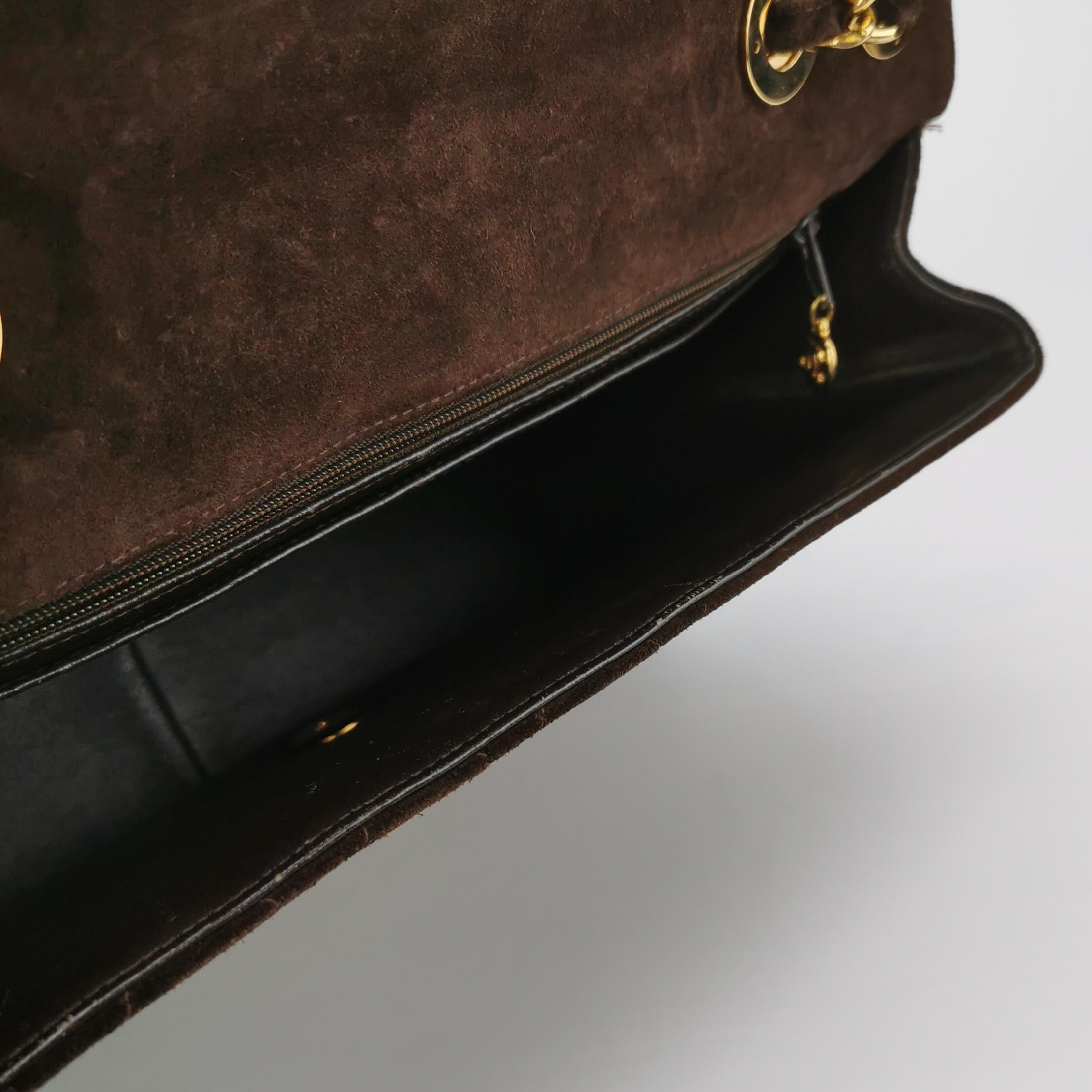 Chanel Classic Flap Maxi Chocolate Browm Suede Leather Giant Gold CC Logo 3