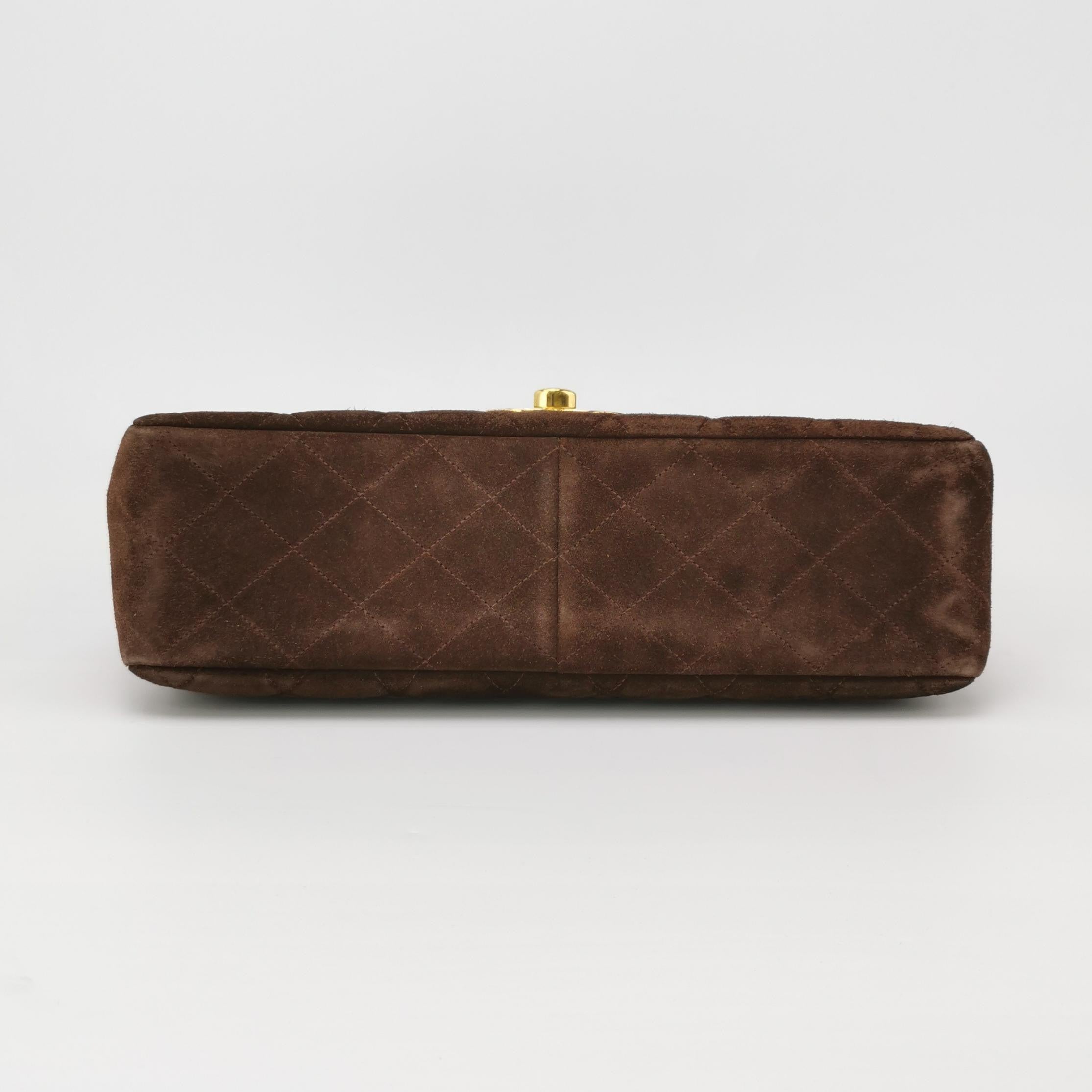 Chanel Classic Flap Maxi Chocolate Browm Suede Leather Giant Gold CC Logo 4
