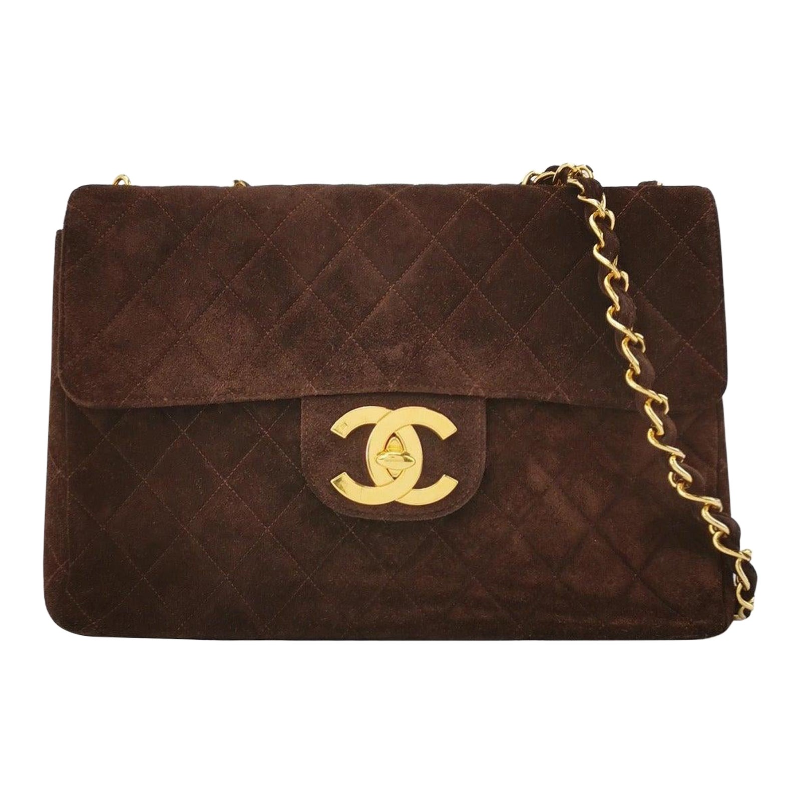 Chanel Classic Flap Maxi Chocolate Browm Suede Leather Giant Gold CC Logo
